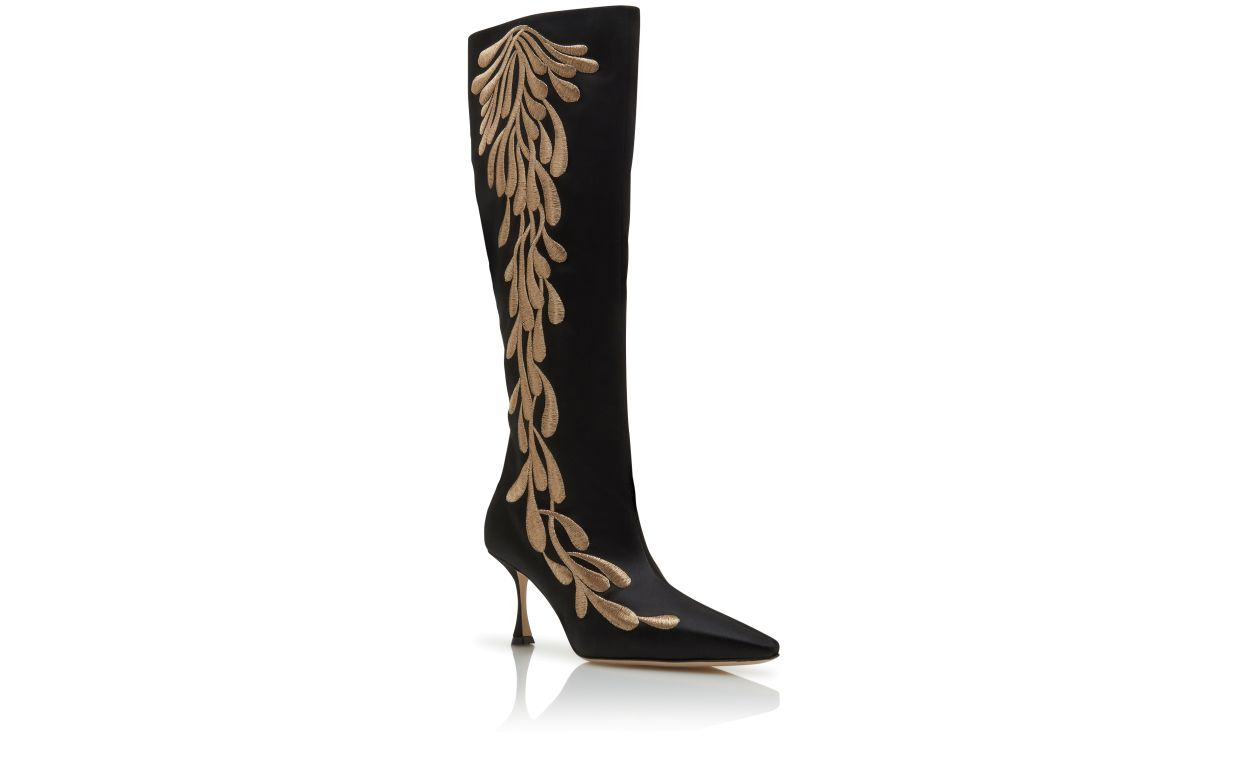 Black and Gold Satin Knee High Boots - 3