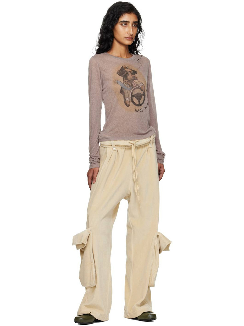 OPEN YY Beige Rolled Waist Velour Cargo Pants outlook
