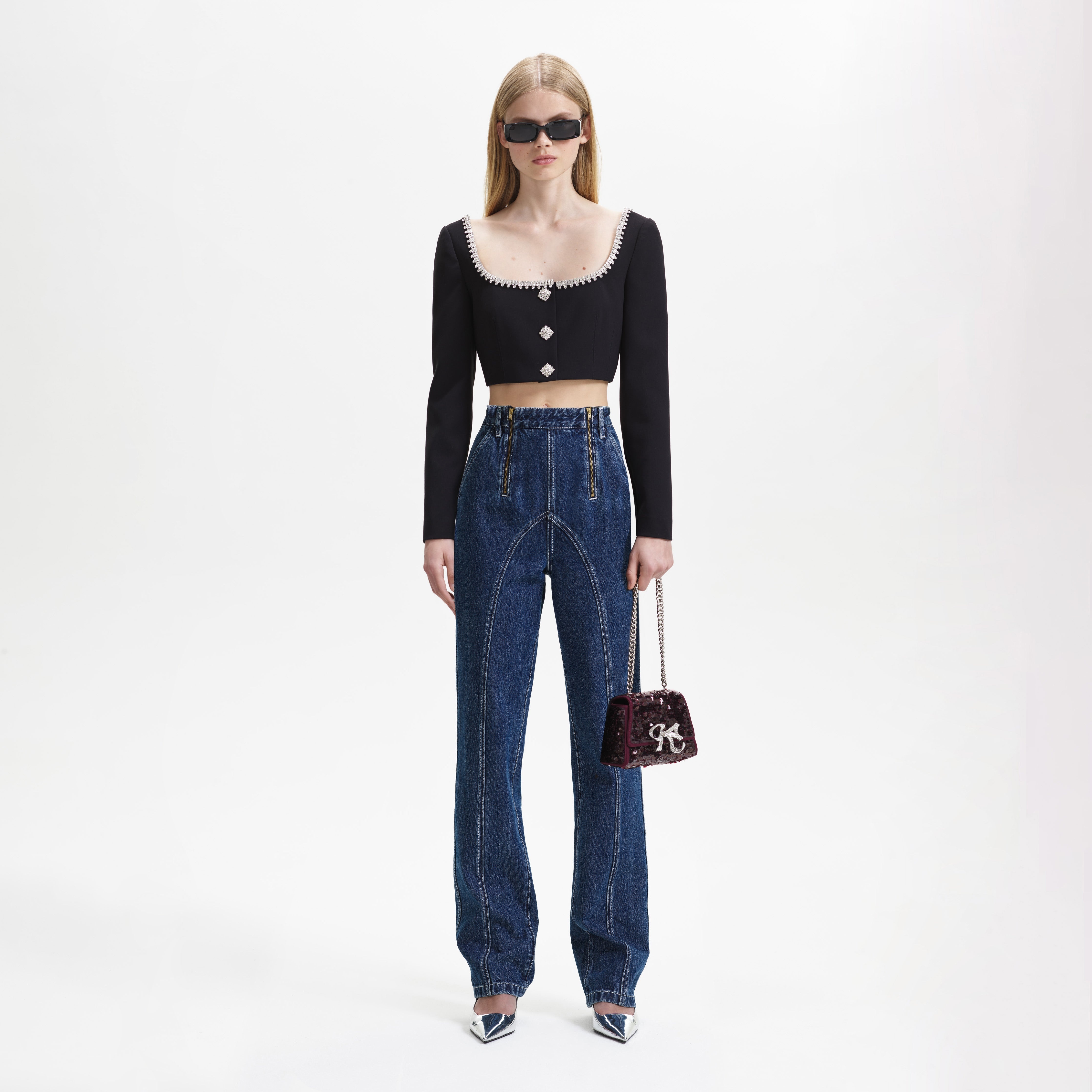 Blue Wide Leg Stitch Detail Jeans - 1