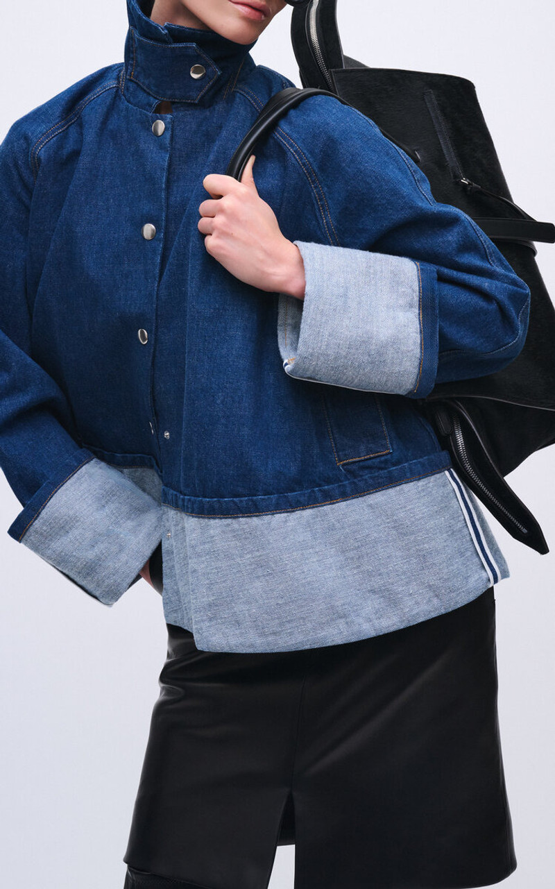 BRANDON MAXWELL The Wells Cuffed Denim Trapeze Jacket medium wash outlook