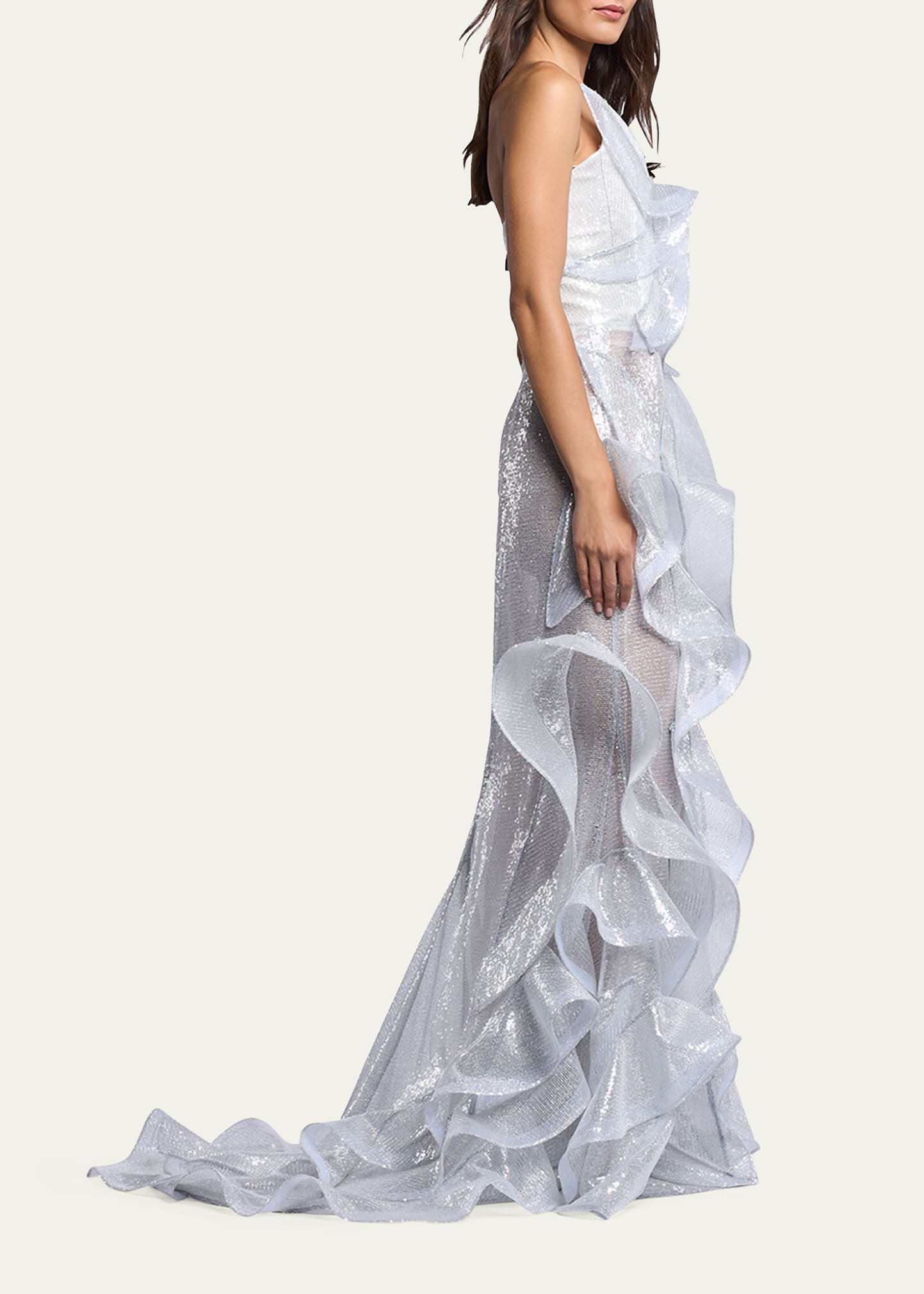 Refraction Strapless Ruffle Sequin Trumpet Gown - 4