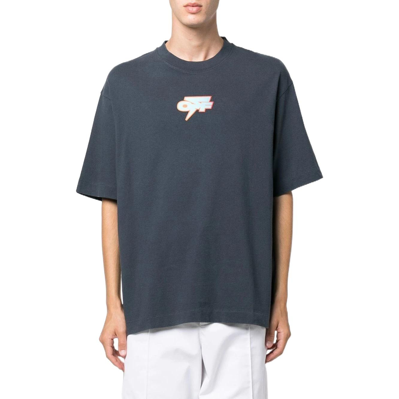 Men's Off-White FW22 Pattern Printing Round Neck Short Sleeve Loose Fit Navy Blue T-Shirt OMAA120F22 - 2