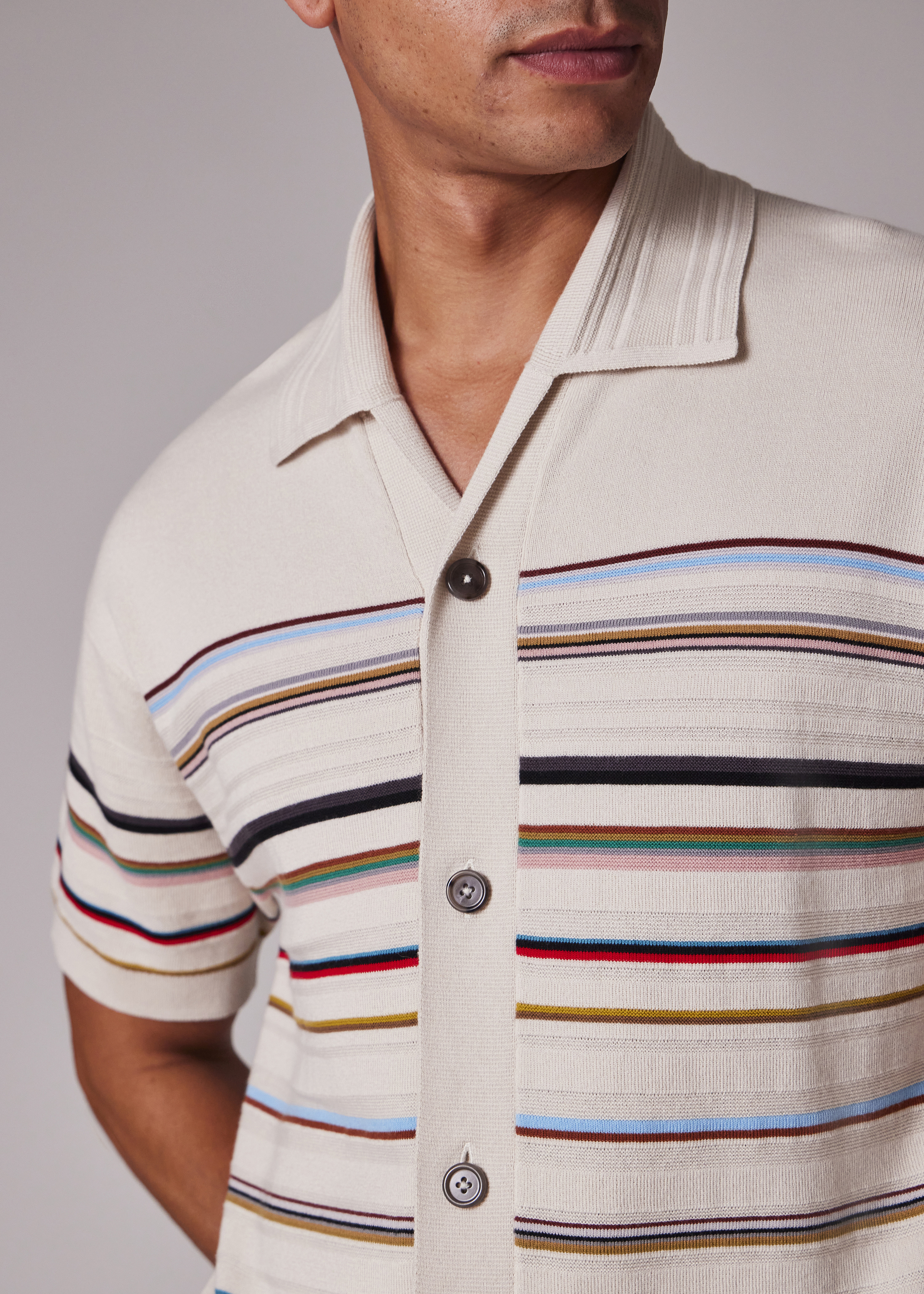 Ecru 'Signature Stripe' Knitted Cotton Short-Sleeve Shirt - 4