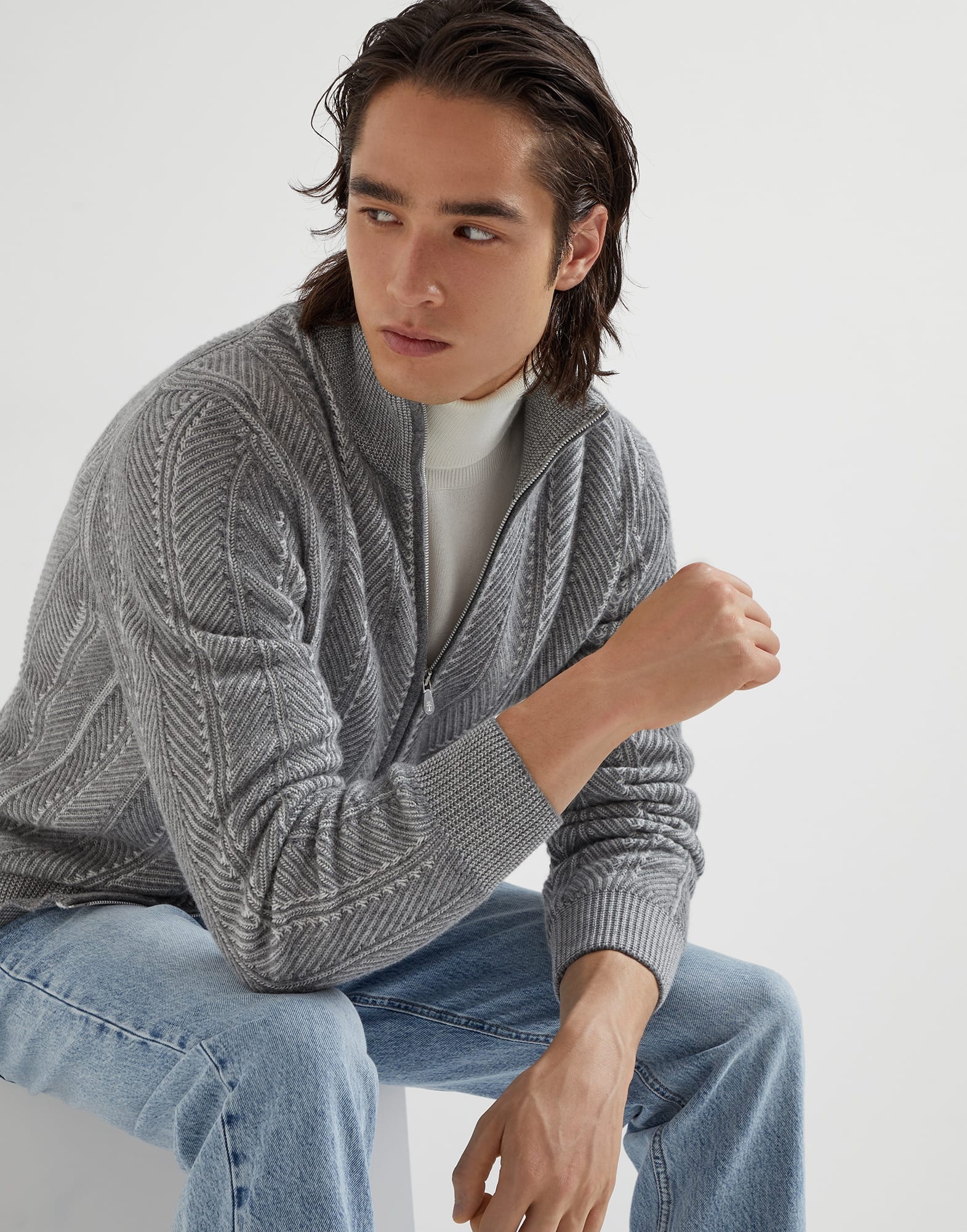 Cashmere vanisé chevron cardigan with zipper - 4