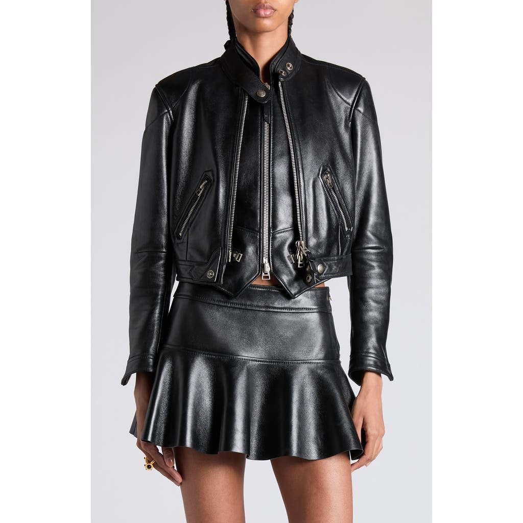 TOM FORD Glossy Plongé Lambskin Leather Zip Jacket in Lb999 Black at Nordstrom - 1