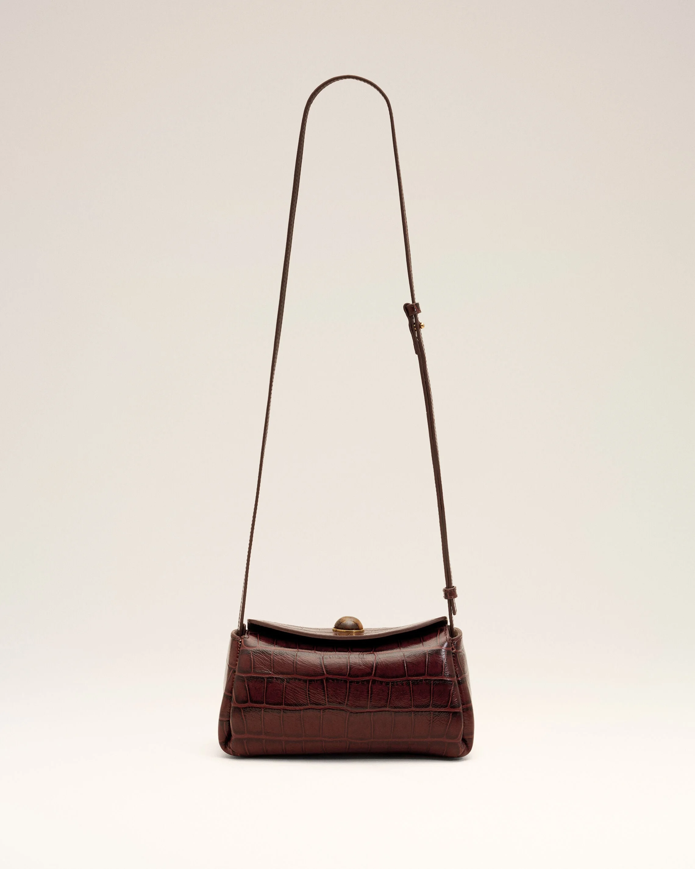 MINI BROWN CROCODILE EMBOSSED COW LEATHER CARROUSEL BAG - 1
