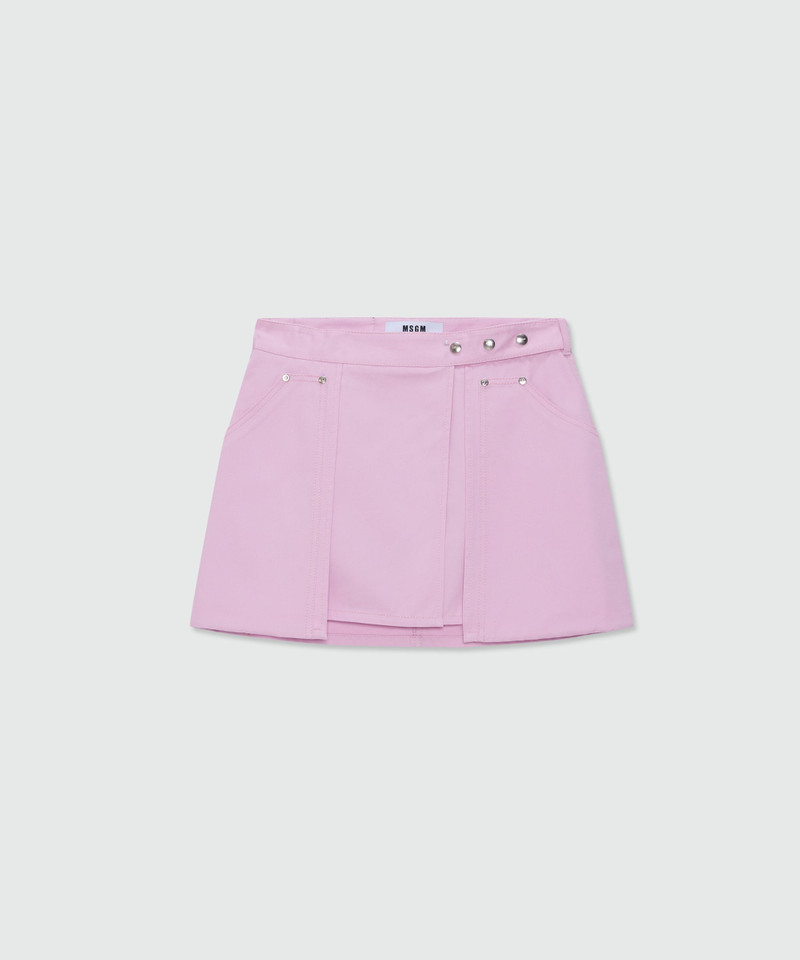 Pink cotton gabardine wrap miniskirt with metal buttons 1