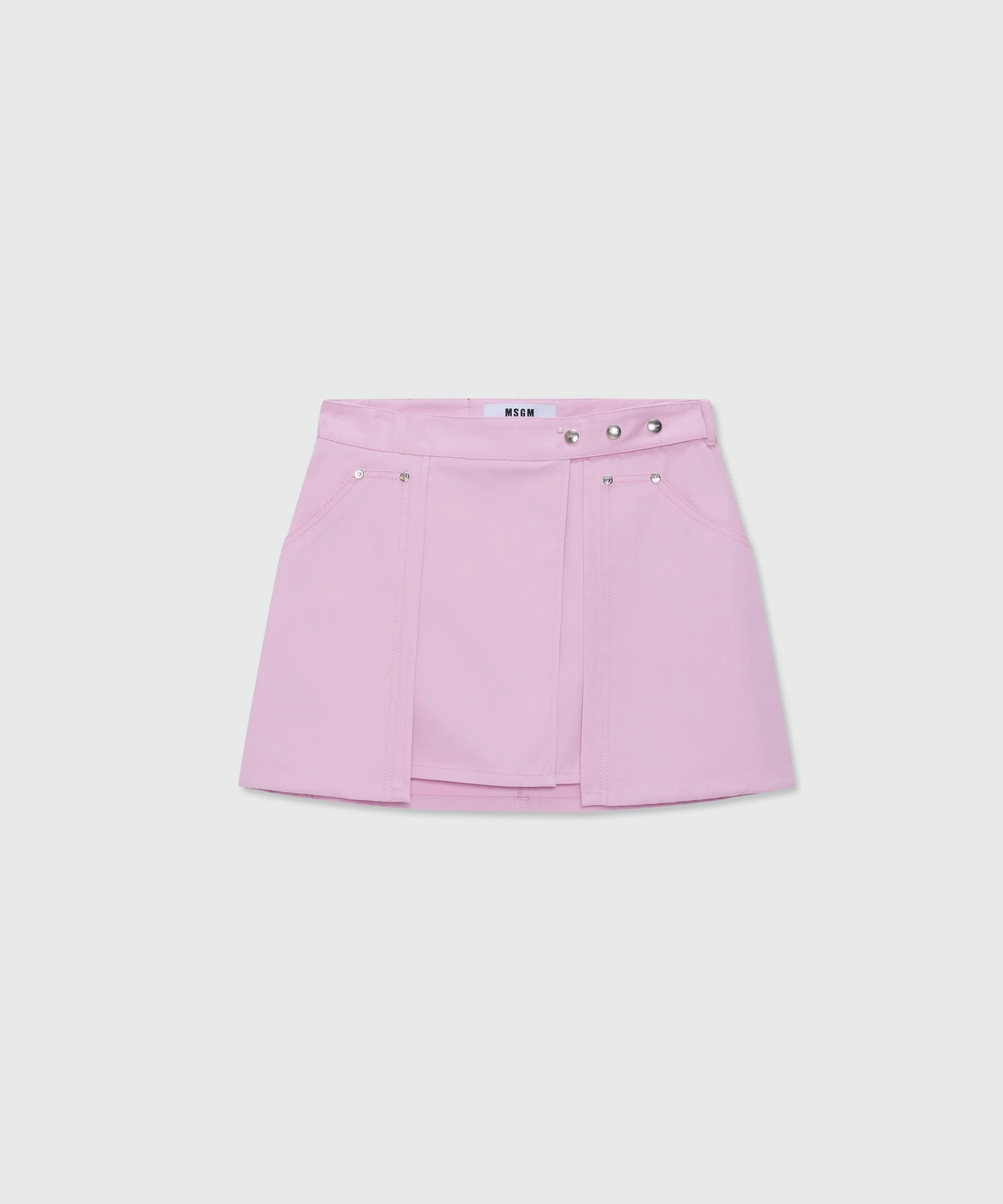 Pink cotton gabardine wrap miniskirt with metal buttons - 1