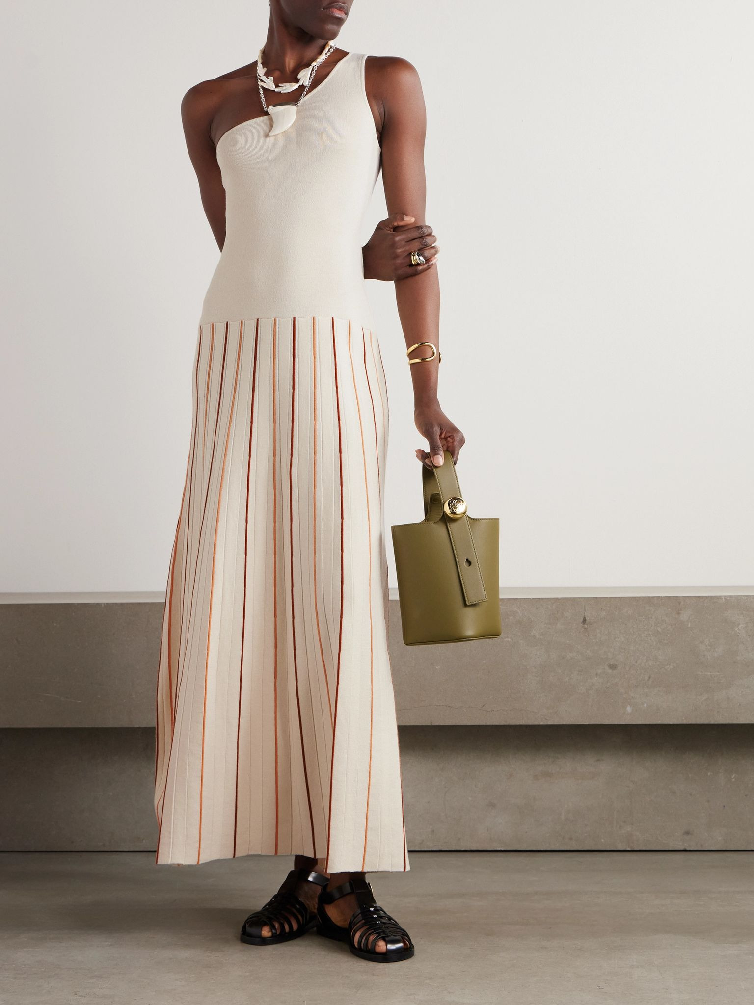 Manglar one-shoulder striped organic cotton maxi dress Ivory - 2