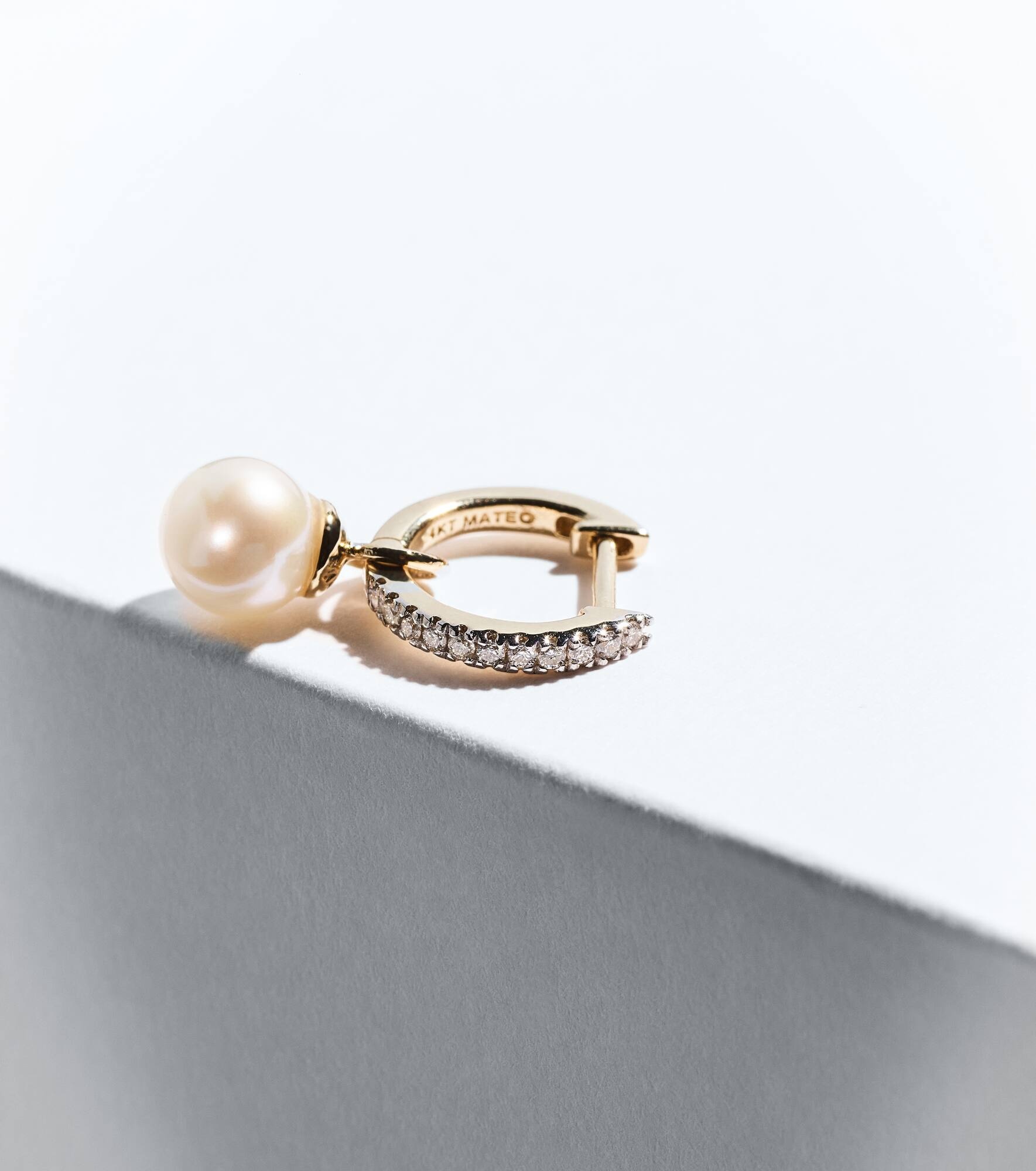 14kt gold single hoop earring with diamonds and freshwater pearl - 5
