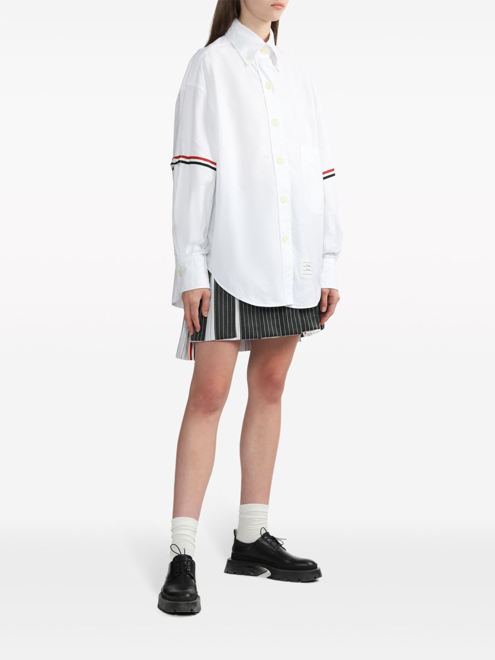 THOM BROWNE - Women Supersized Point Collar Shirt W/ Rwb Grosgrain Armbands In Oxford - 1