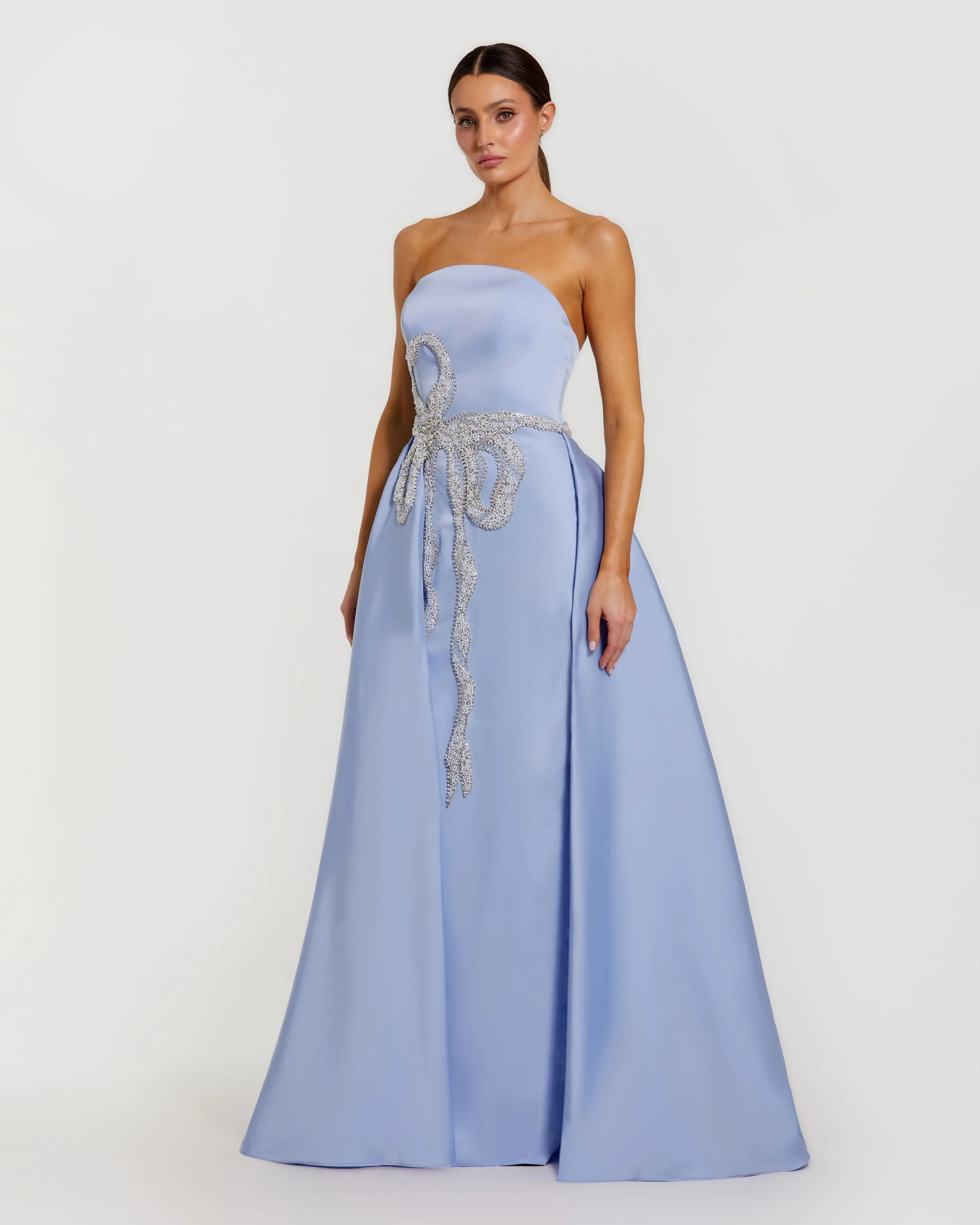 Powder Blue Strapless Embellished Satin Gown with Overskirt - 1
