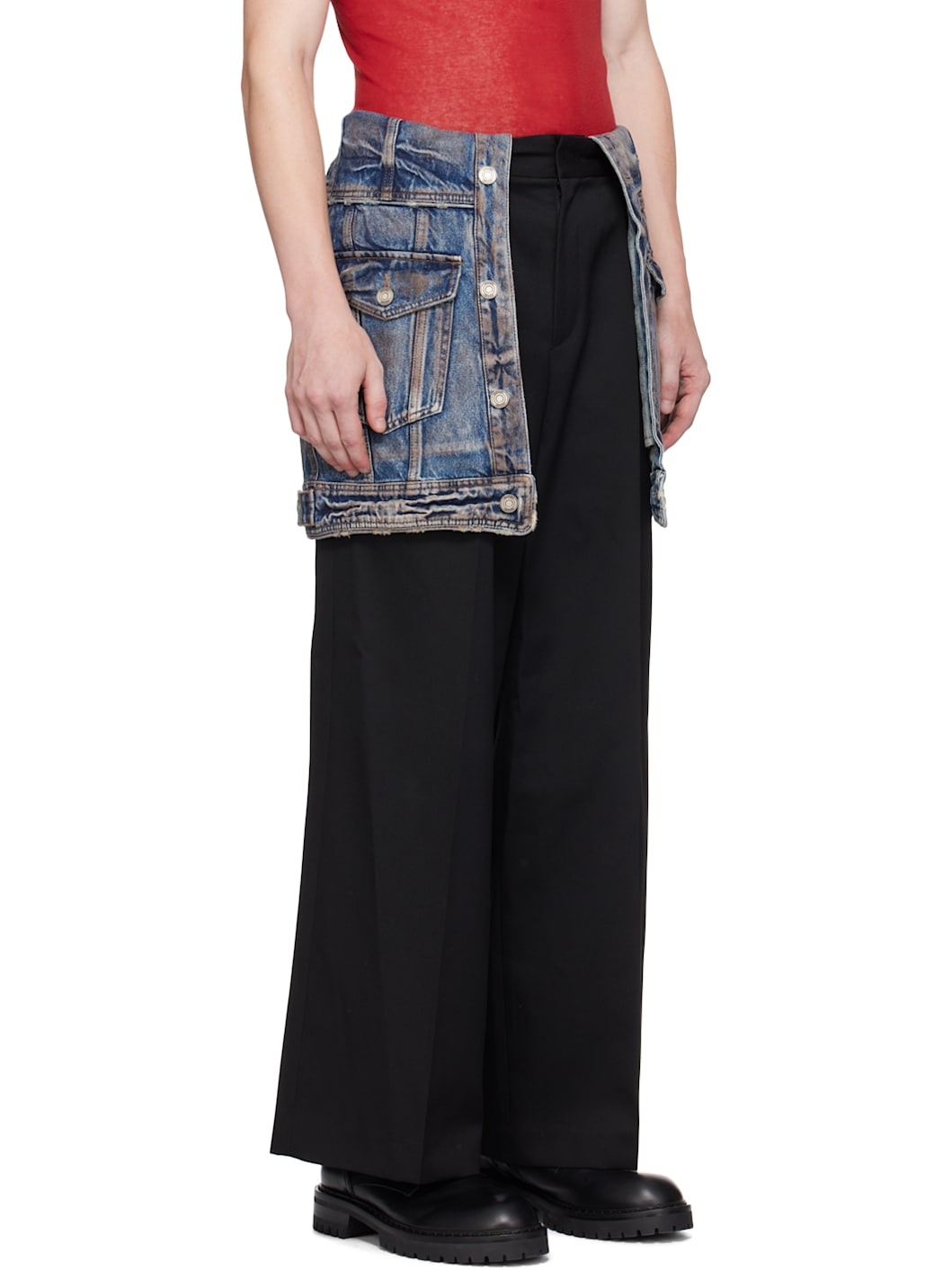 Black Denim Skirt Layered Trousers - 2