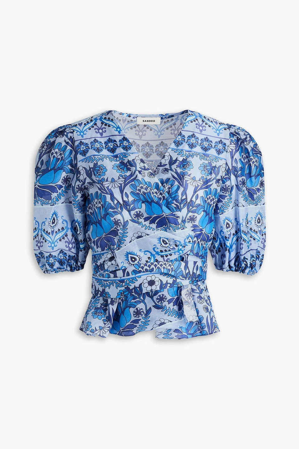 Printed linen-blend gauze wrap blouse - 1