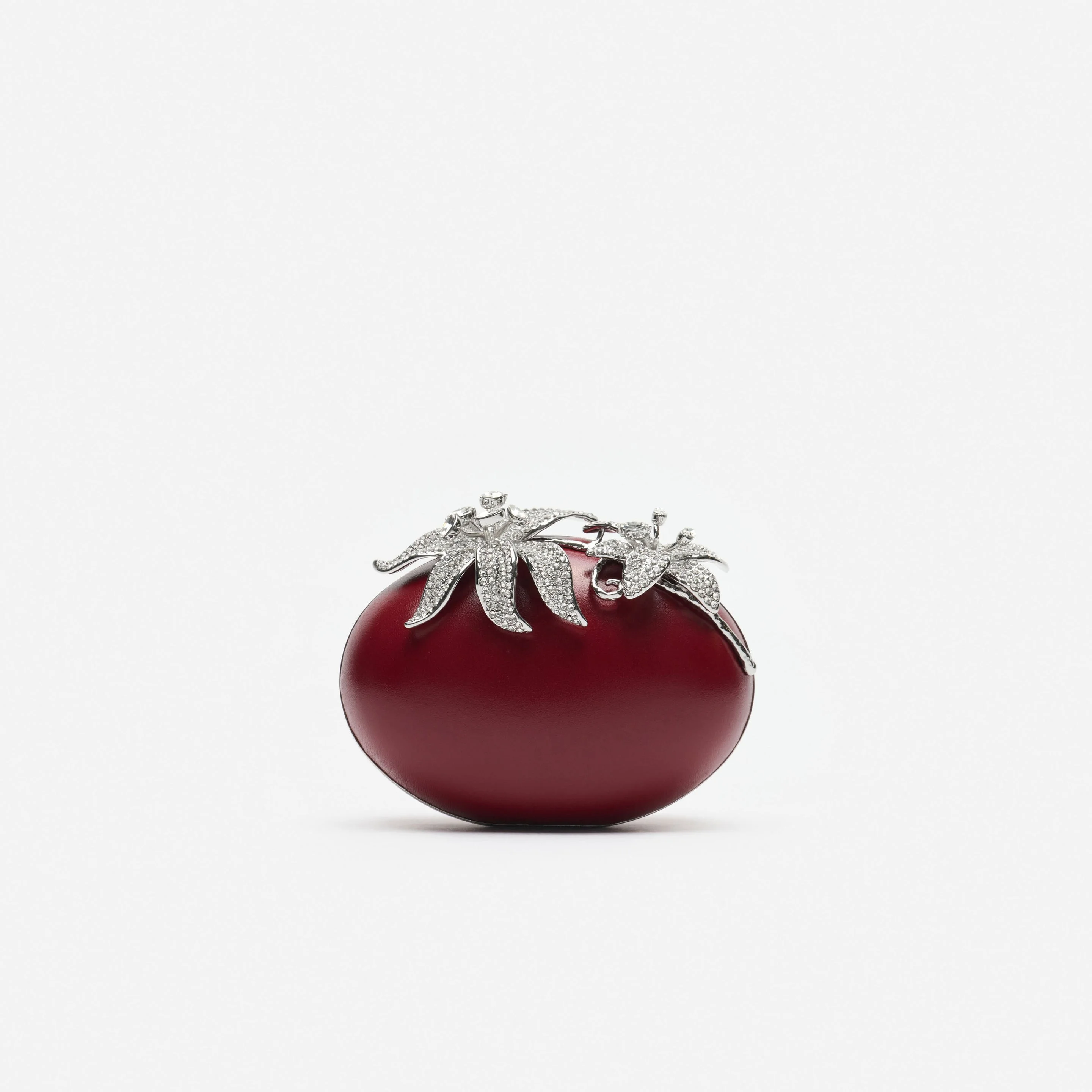 Red Leather Crystal Flower Oval Clutch Bag - 1