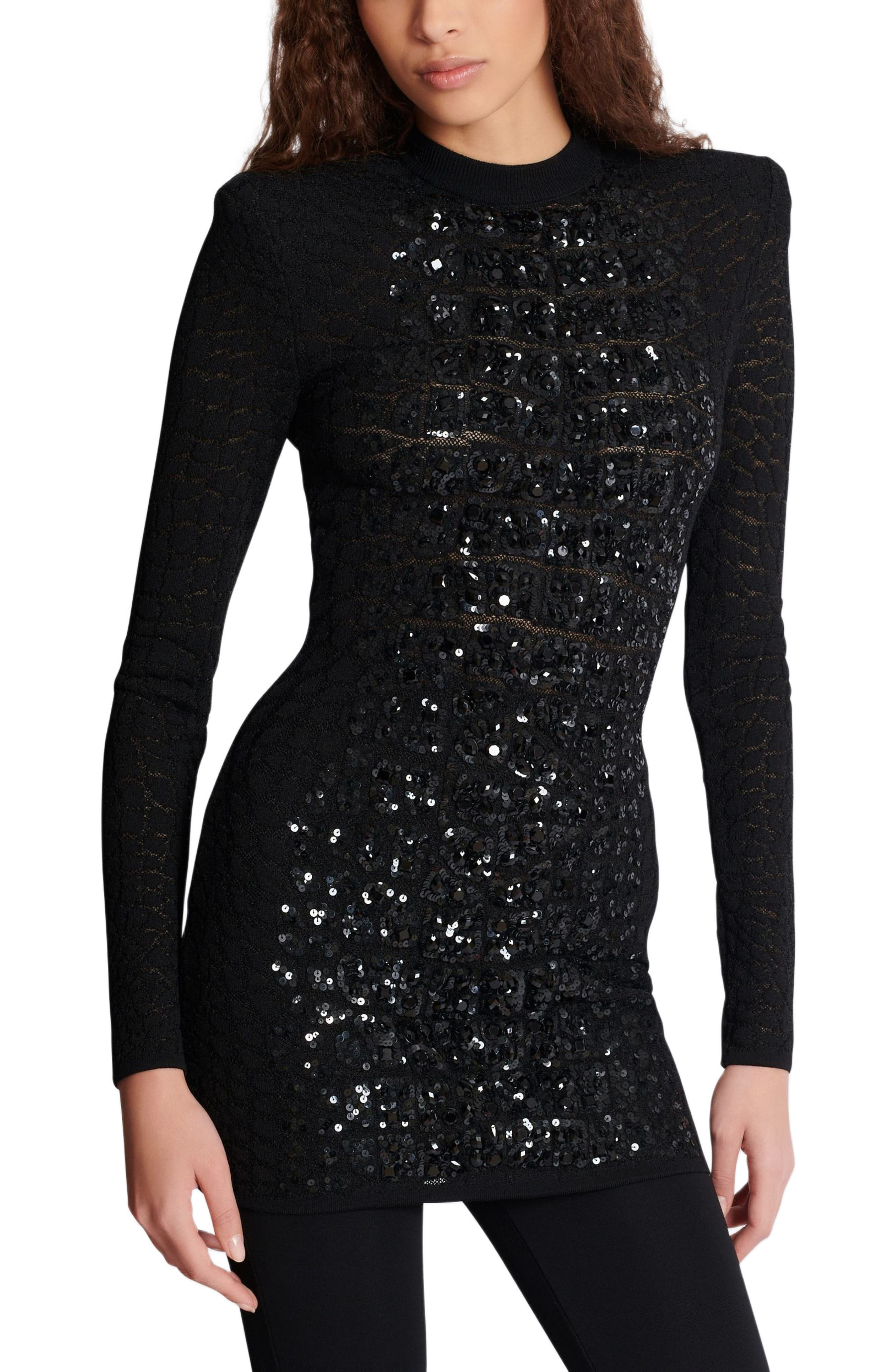 Balmain Short Sequin Dress In Crocodile Knit in Black at Nordstrom - 7