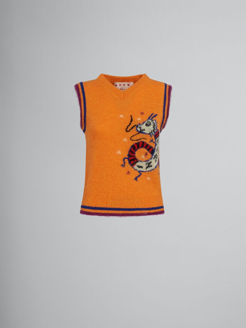 ORANGE WOOL-CASHMERE SLEEVELESS JUMPER WITH JACQUARD DRAGON - 1