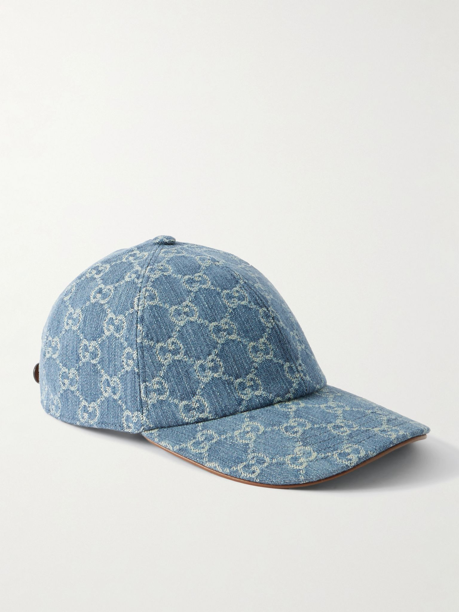 Horsebit-detailed leather-trimmed denim baseball cap Blue - 1