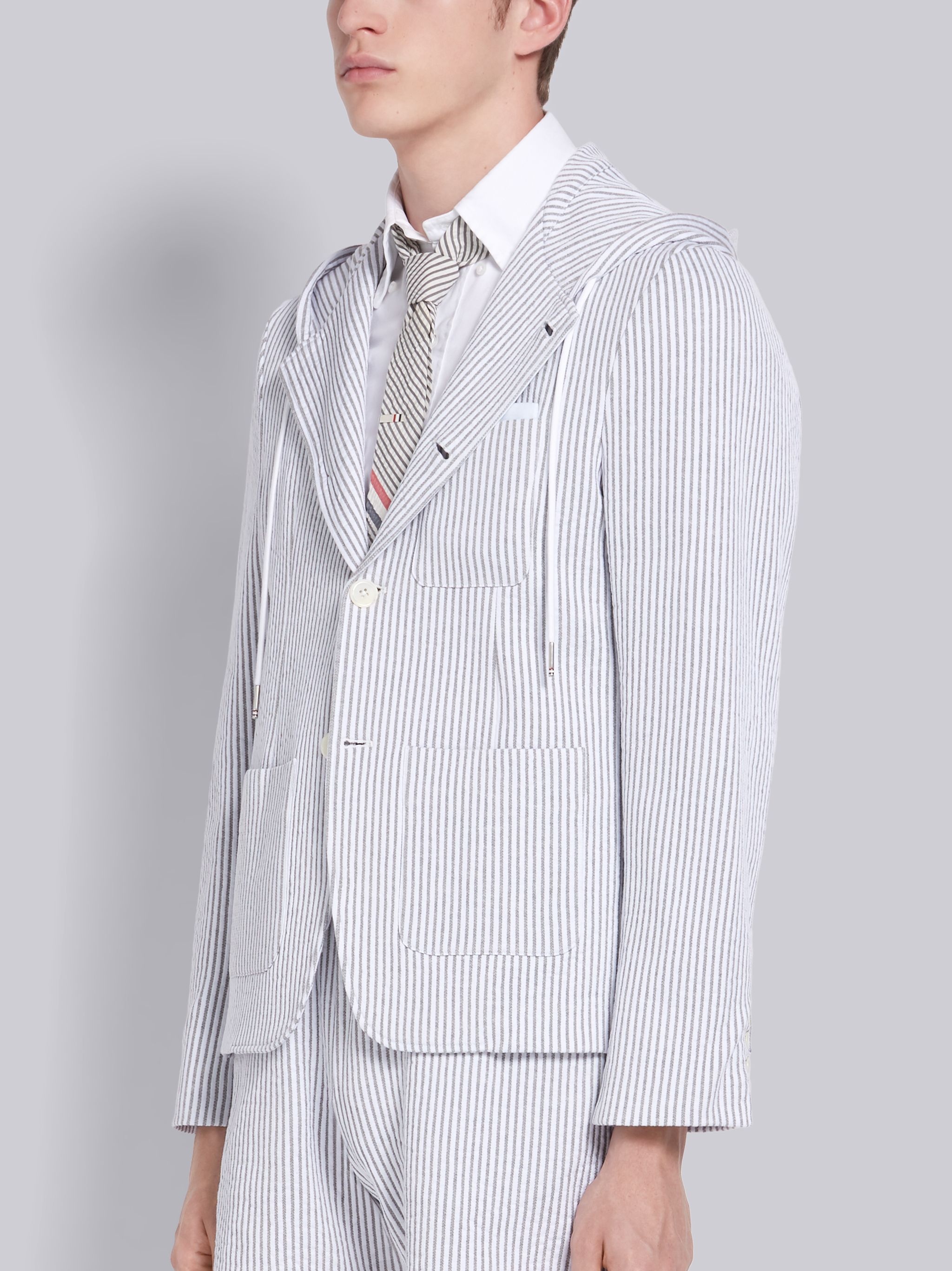 Light Grey Cotton Seersucker Stripe Hooded Blazer - 2