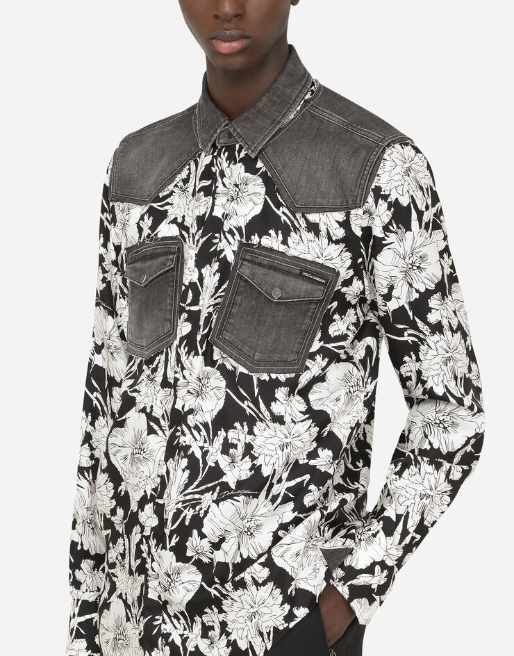 Printed silk shirt with denim details - 4