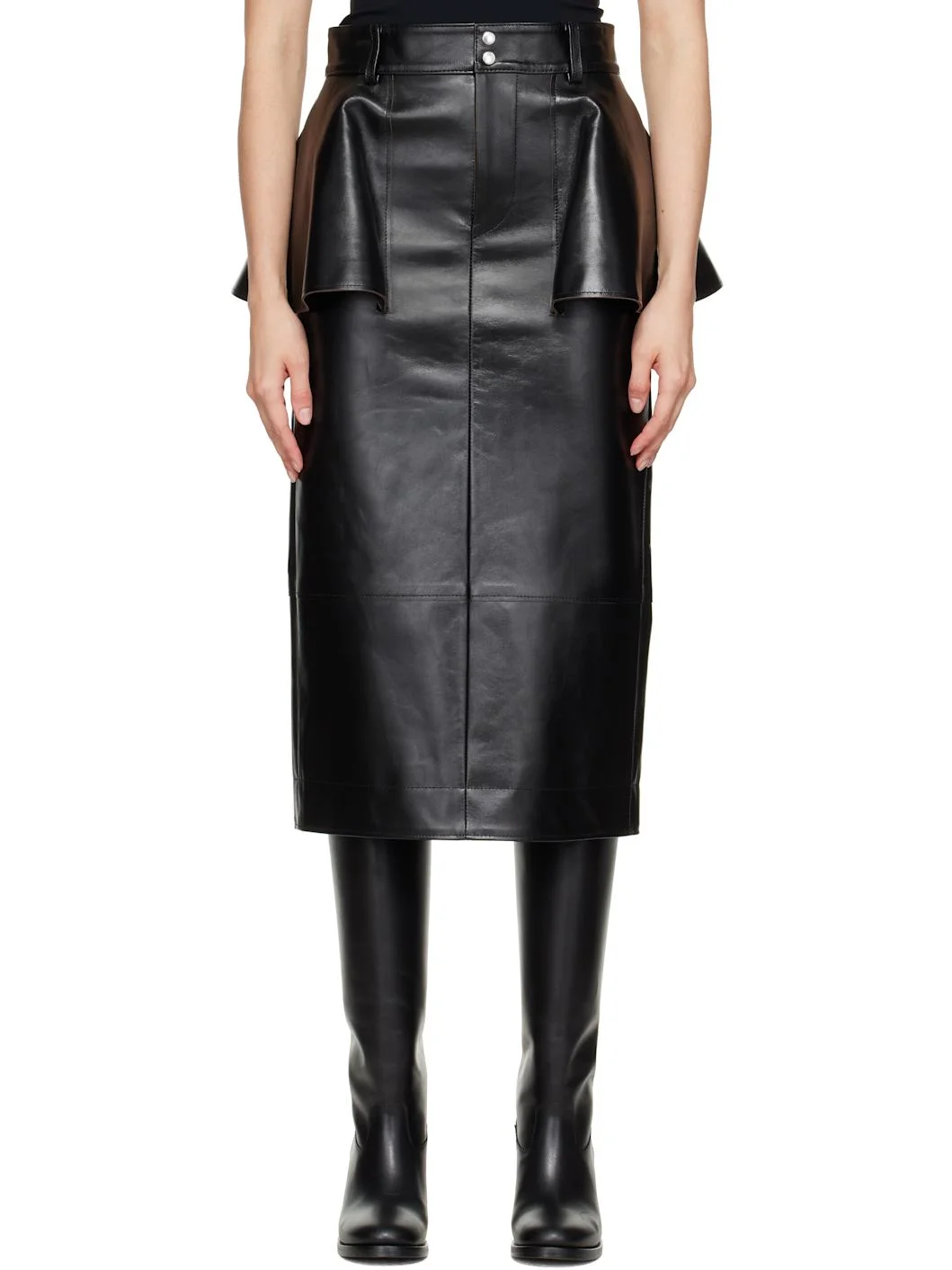 Black Leather Midi Skirt - 1
