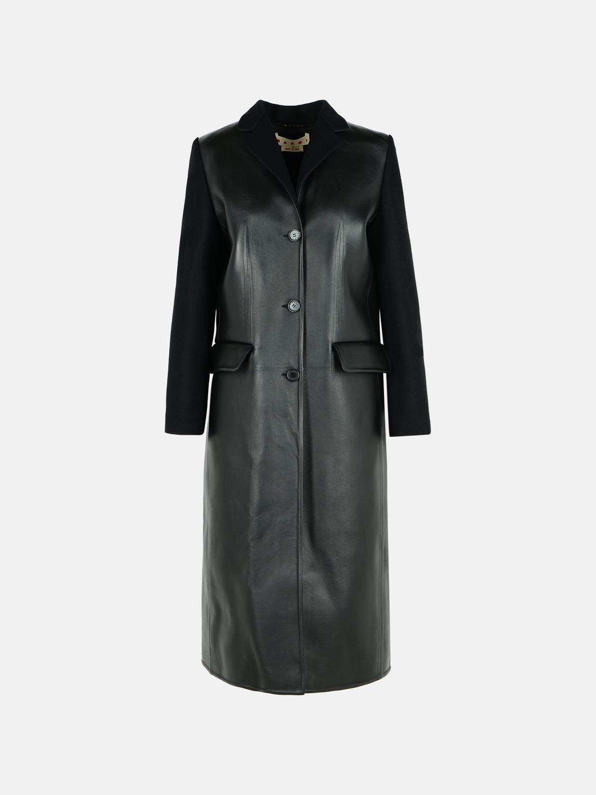 BLACK LEATHER AND VIRGIN WOOL COAT - 1