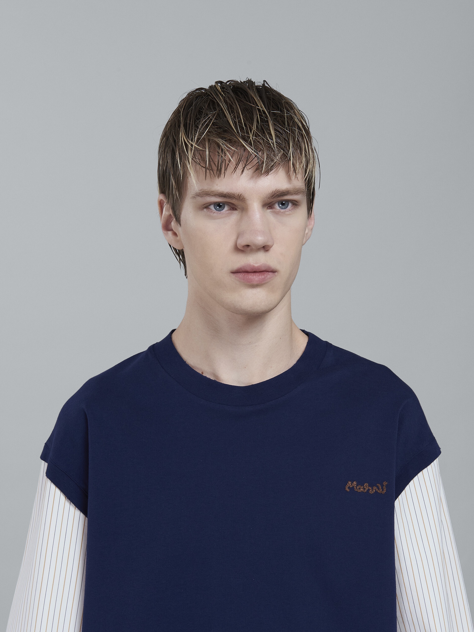 BLUE JERSEY T-SHIRT WITH STRIPED POPLIN SLEEVES - 4