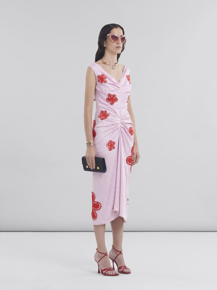 PINK SILK JAQUARD DRESS WITH FLOWER PATCHES AND SEQUINS - 6