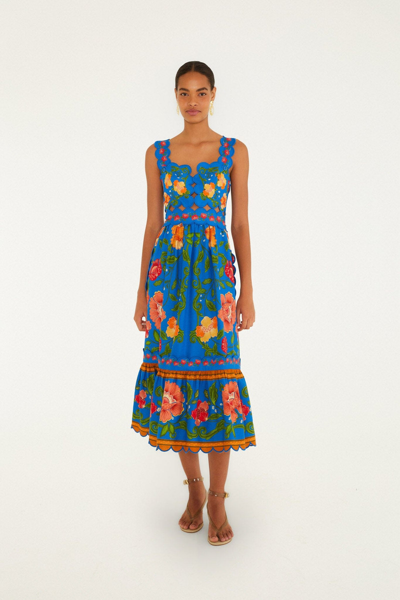 Bright Blue Rococo Flowers Lenzing Ecovero Euroflax Midi Dress 1