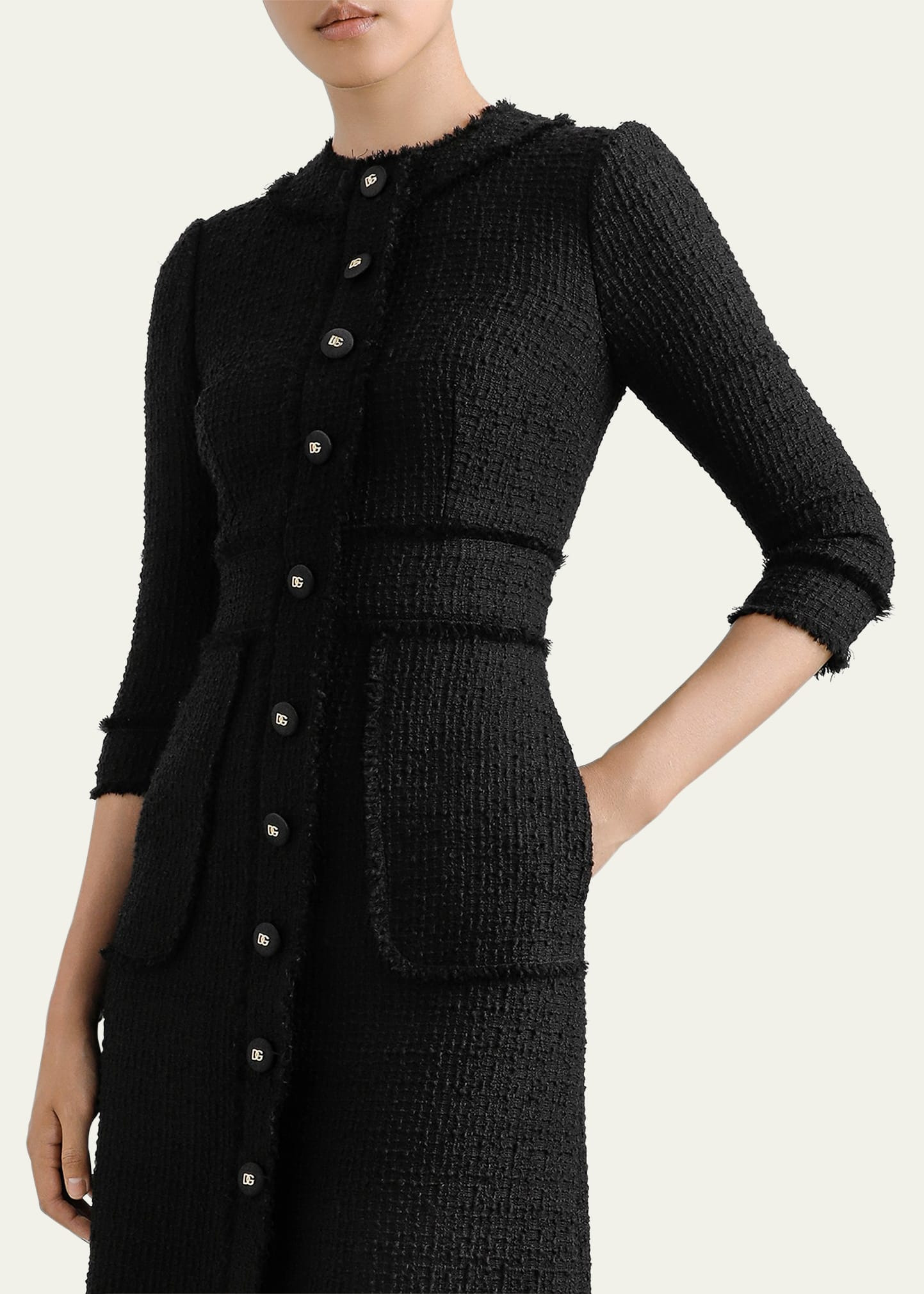 Button-Front 3/4-Sleeve Tweed Dress - 4