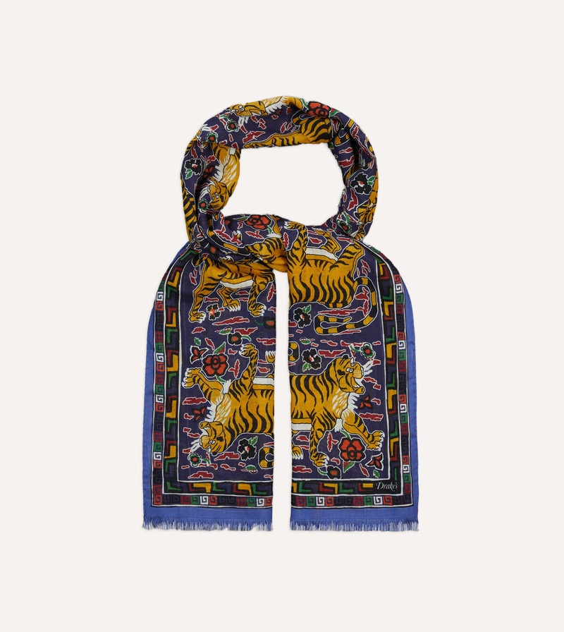 Blue Tiger Print Wool-Silk Scarf 4