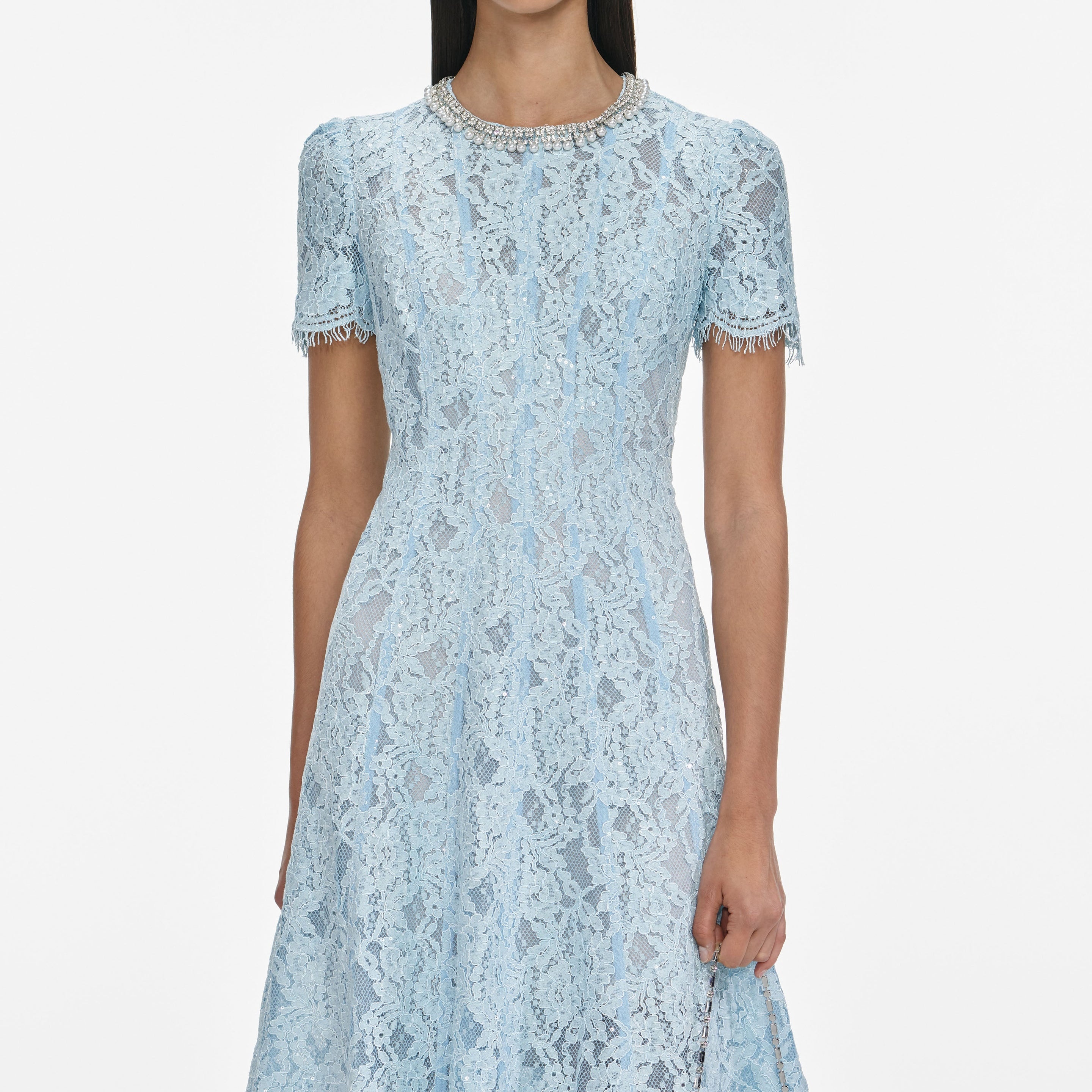 Blue Lace Embellished Midi Dress - 4