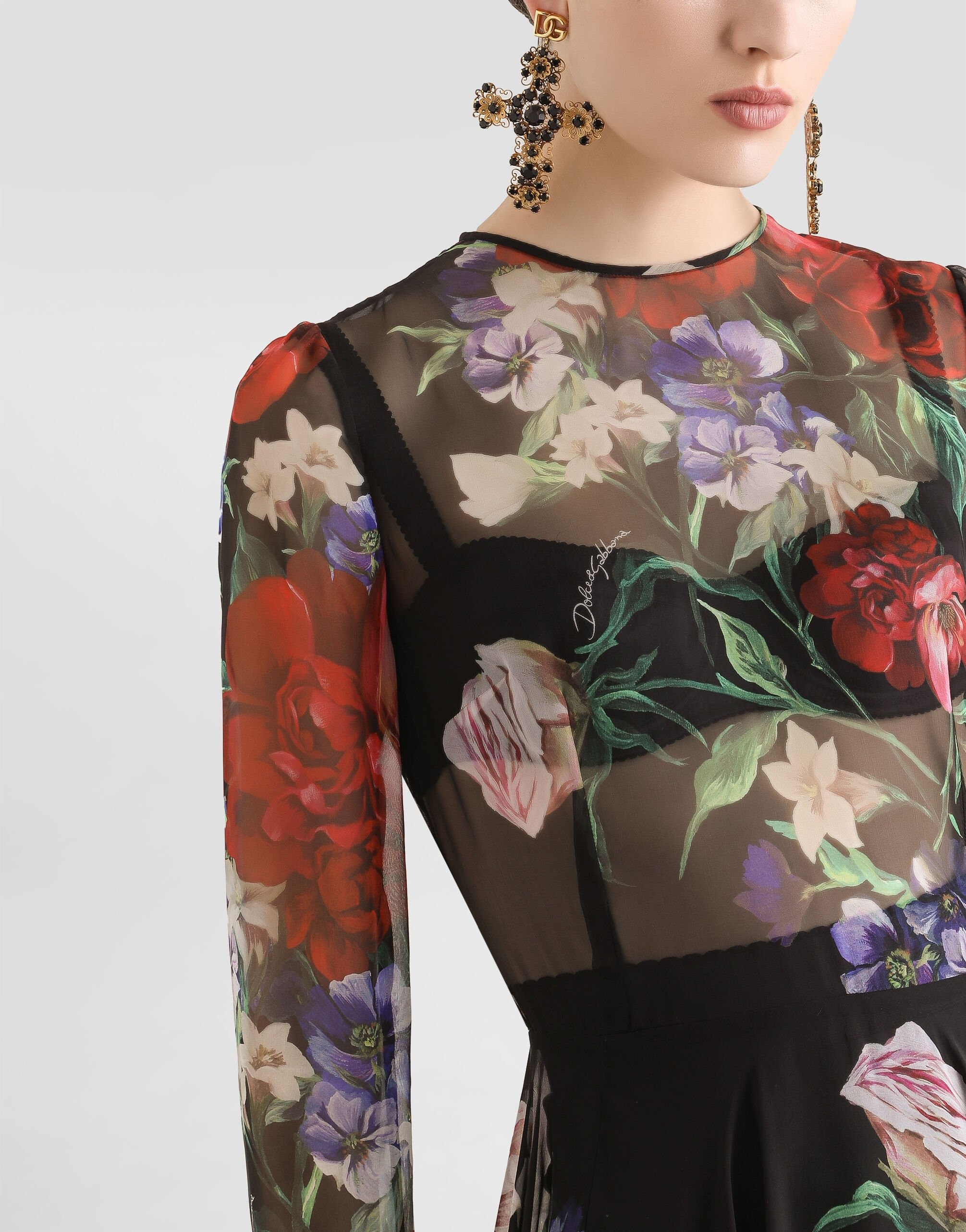 Floral-print chiffon calf-length dress with circle skirt - 7