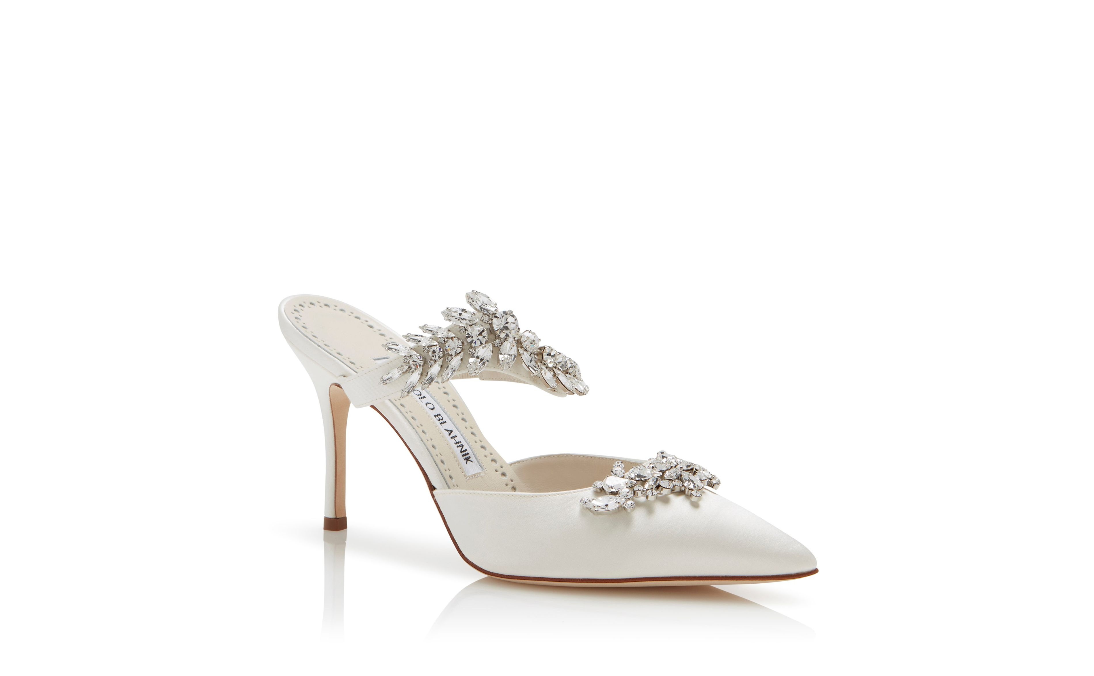 White Satin Crystal Embellished Mules - 3