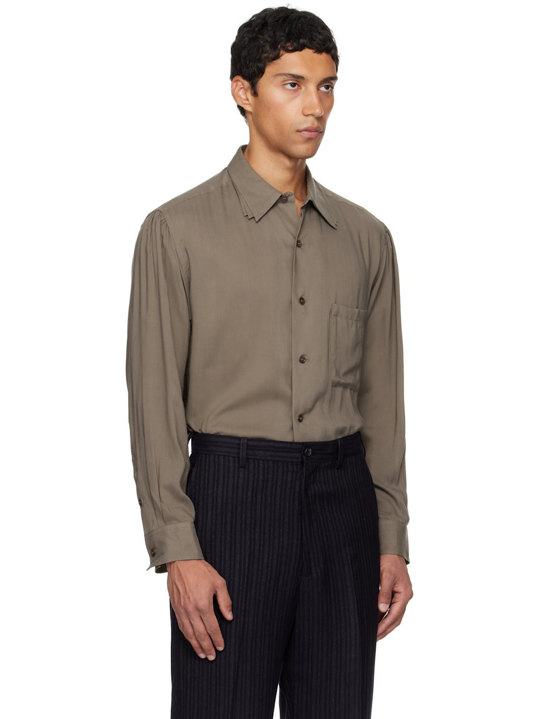 Khaki Cellulose Lawn 3Collar Sleeve Gather Shirt - 2