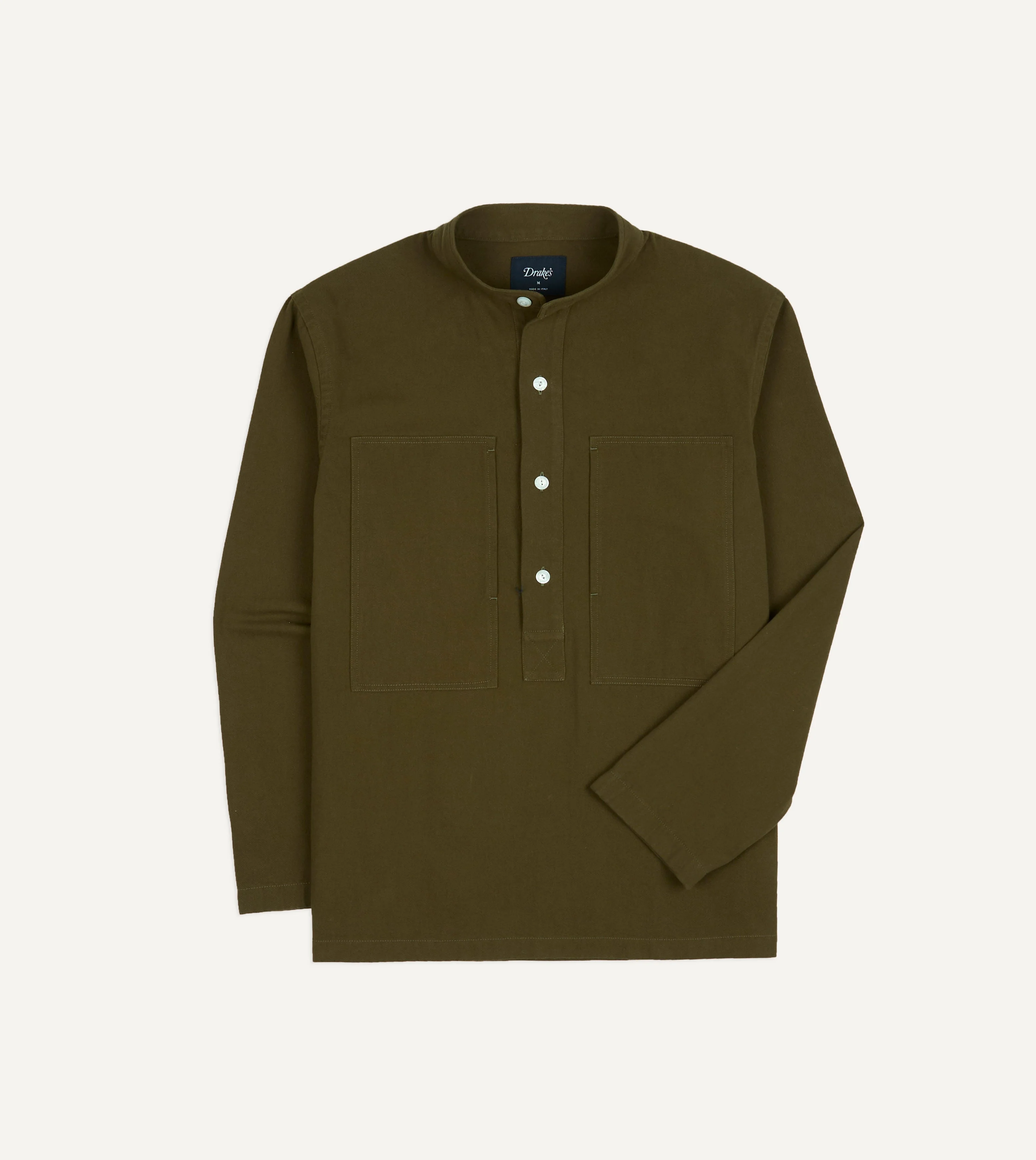 Khaki Cotton Mandarin Collar Popover Shirt - 1