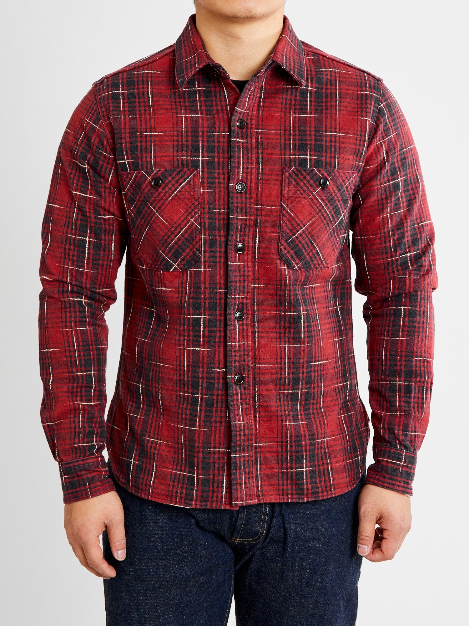 "Midare Kasuri" Heavyweight Flannel Overshirt in Red - 2