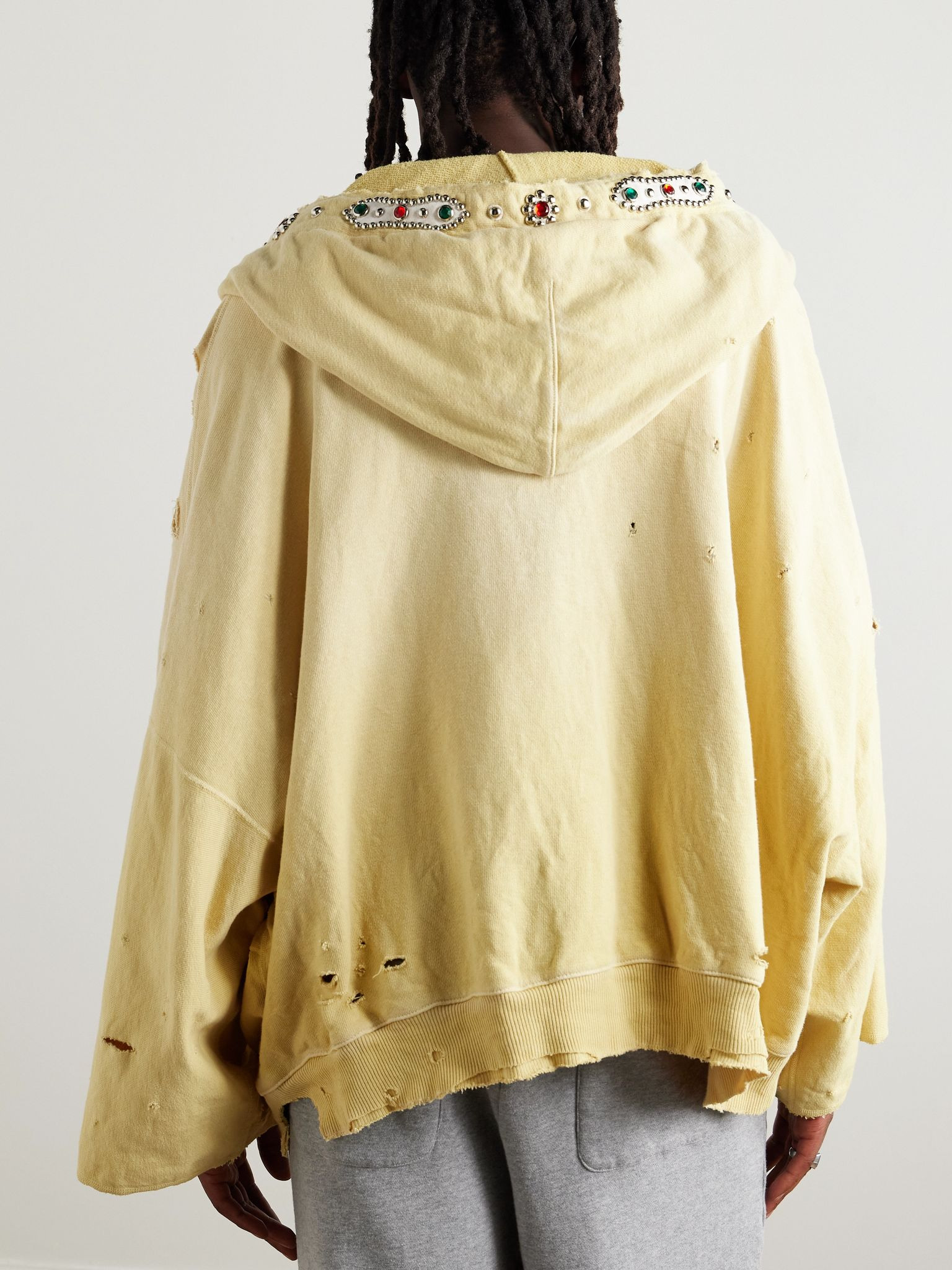 Embelished Distressed Cotton-Jersey Zip-Up Hoodie Yellow - 4