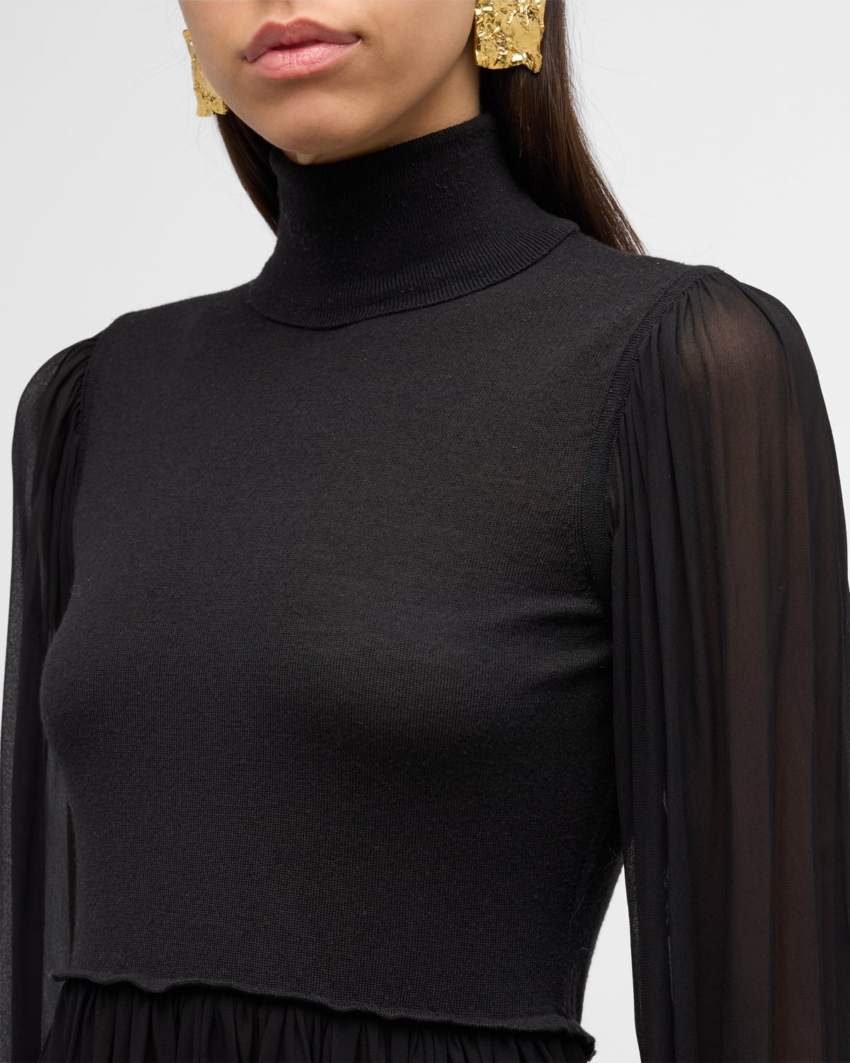 Liana Sheer-Sleeve Wool and Silk Combo Turtleneck Top - 5