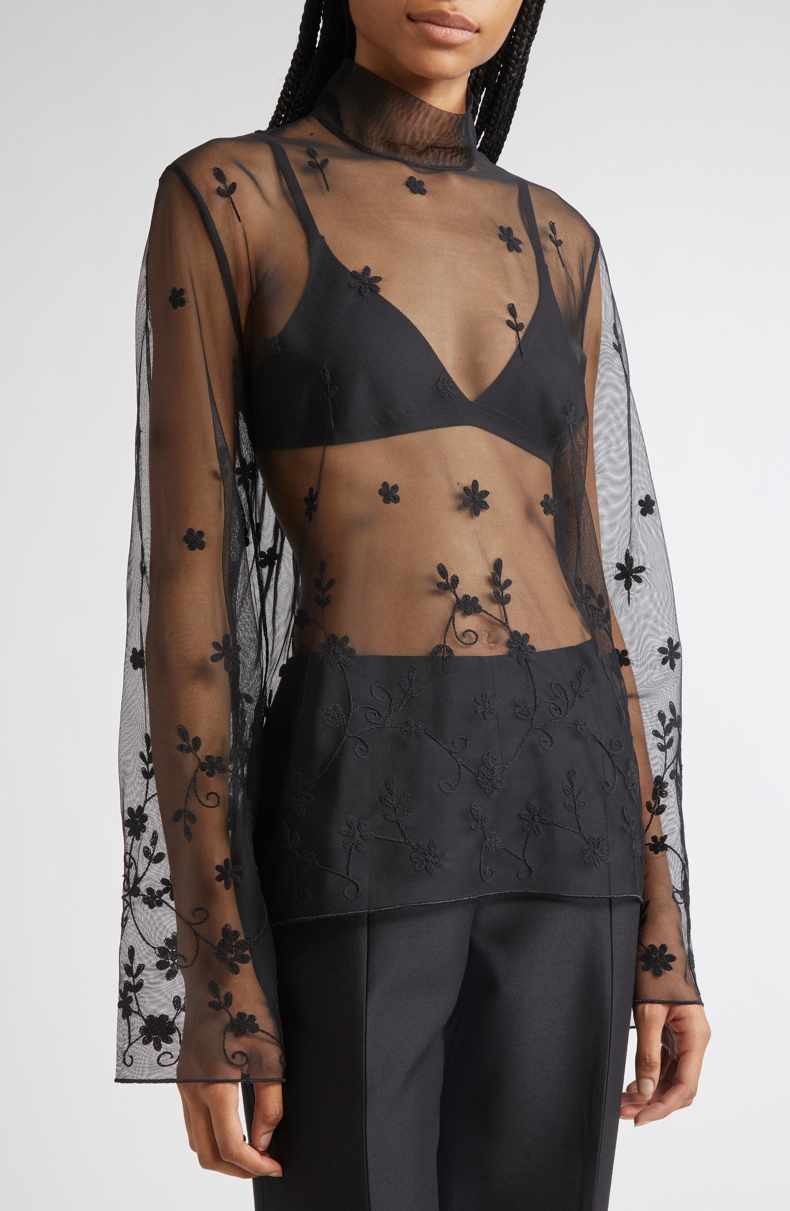 TOTEME Floral Embroidered Tulle Top in Black/Black at Nordstrom - 5