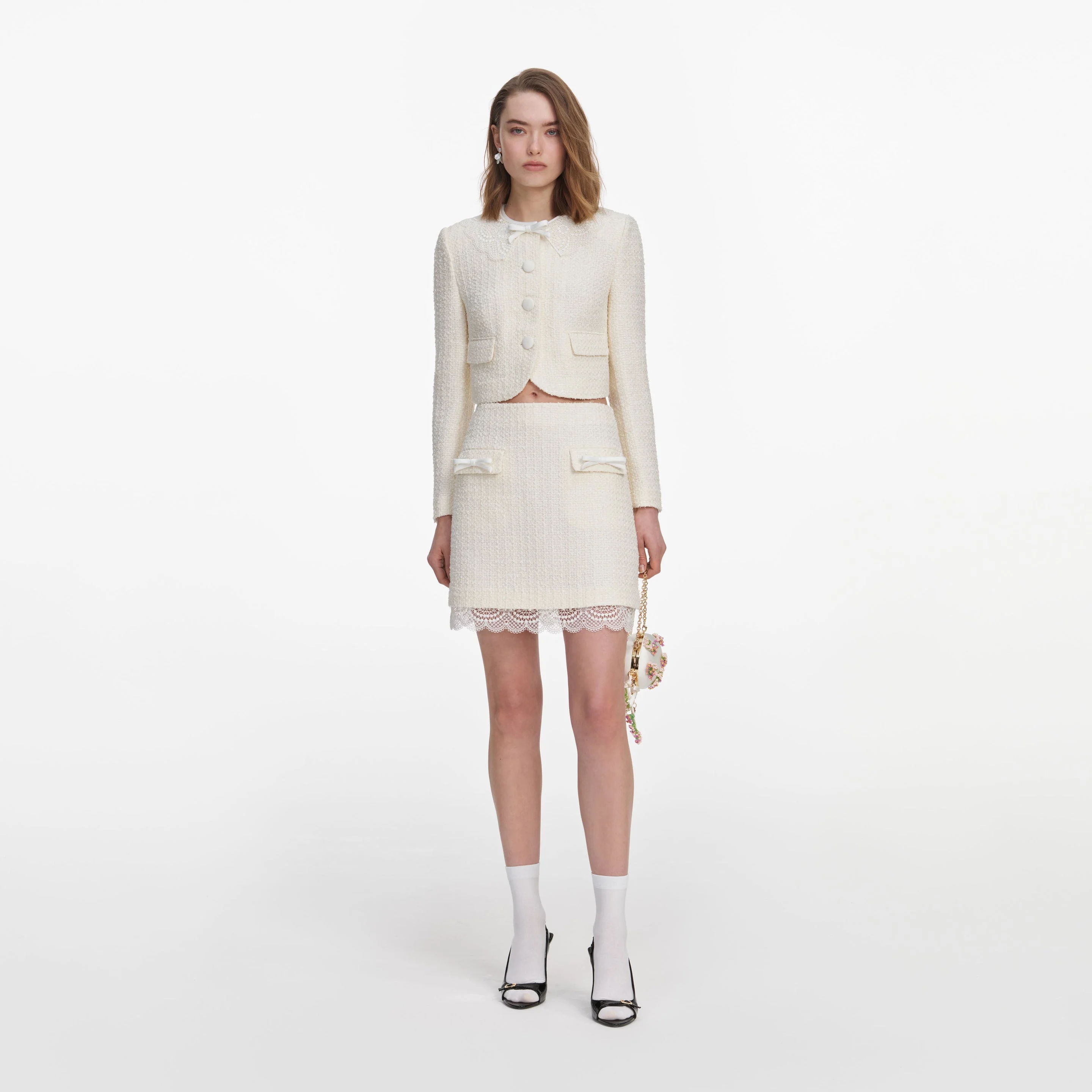Cream Boucle Lace Mini Skirt - 1