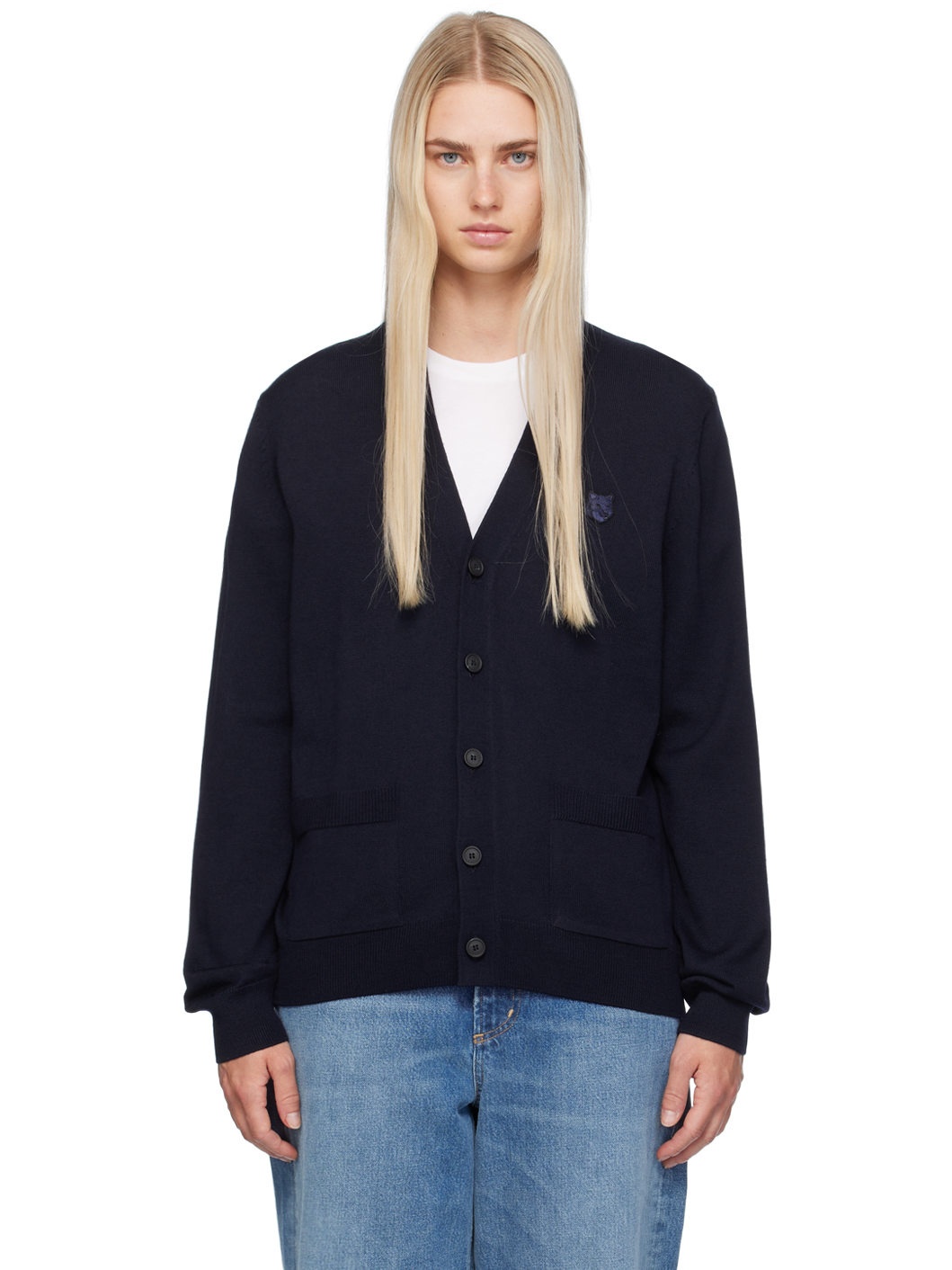 Navy Bold Fox Head Cardigan - 1