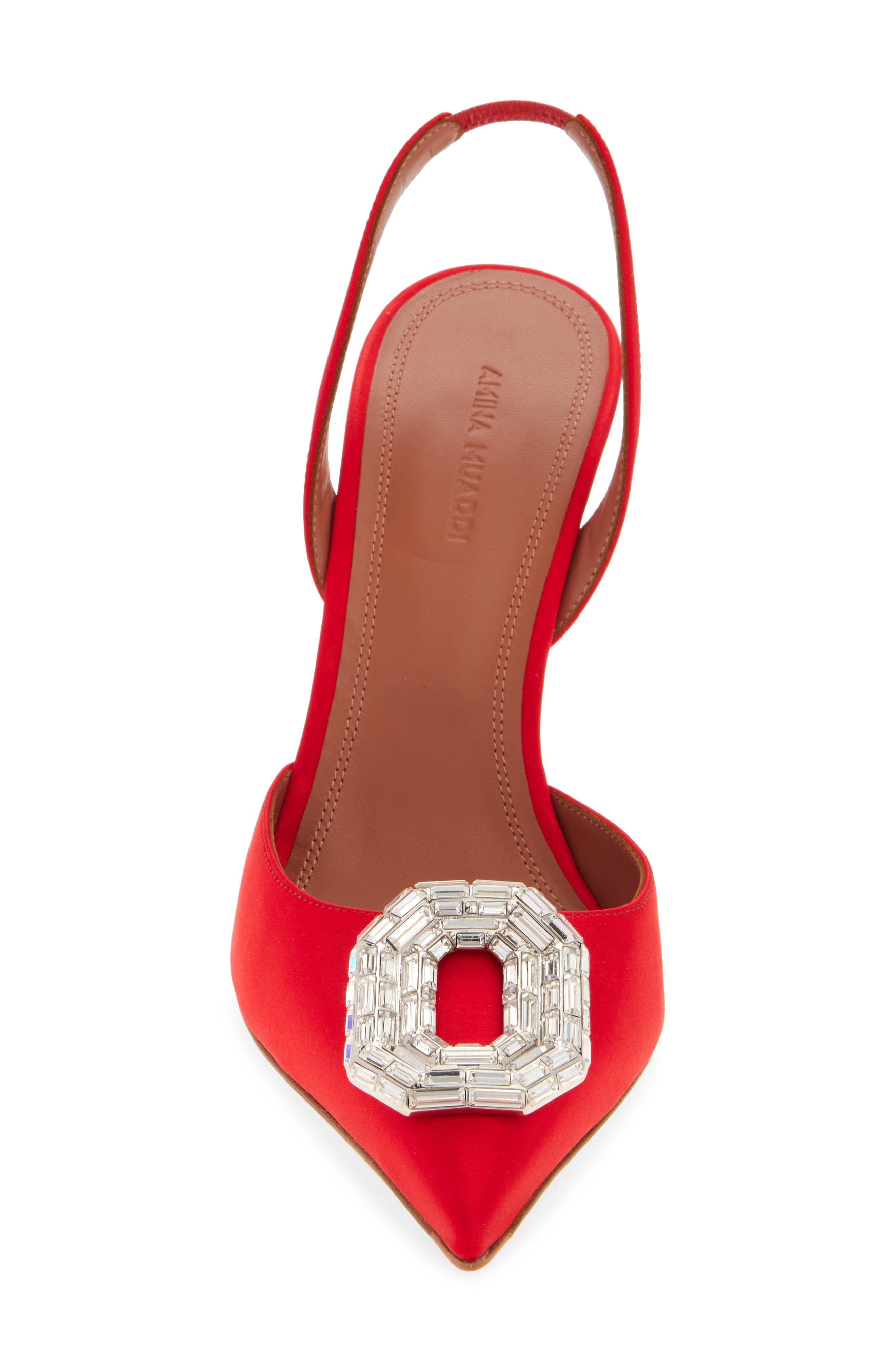Amina Muaddi Camelia Crystal Buckle Slingback Pump in Satin Red/White Buckle at Nordstrom - 4