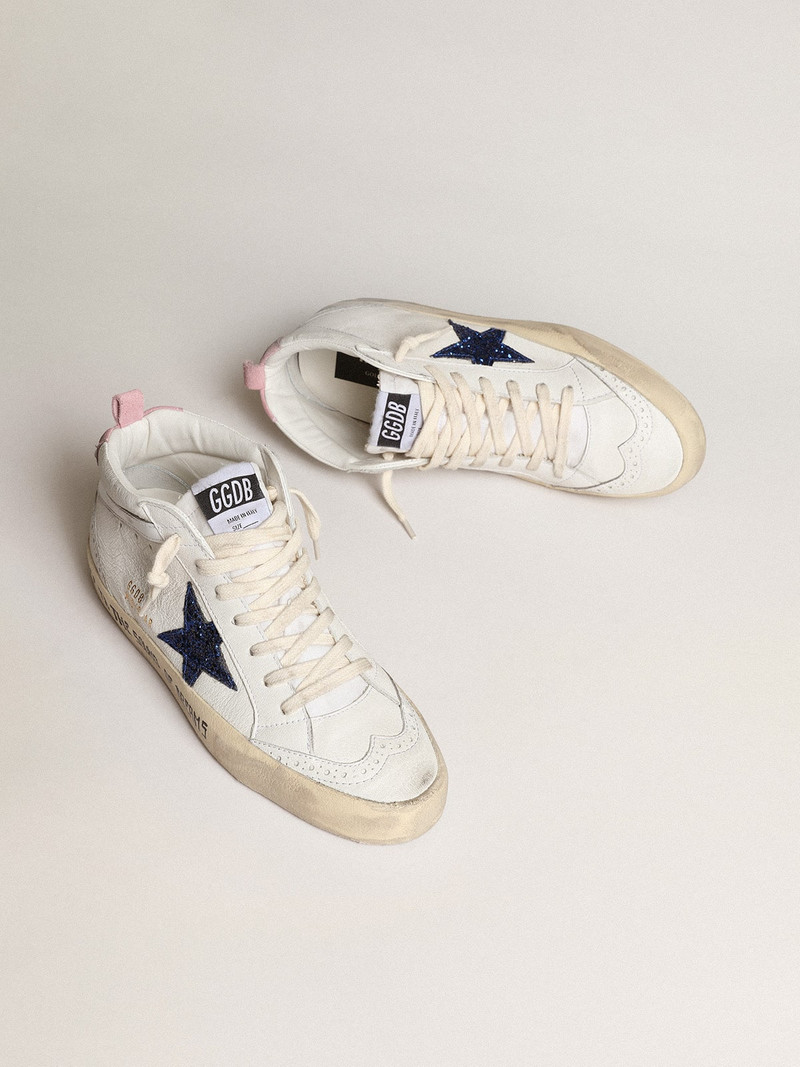 Golden Goose Mid Star with blue glitter star and pink suede heel tab outlook