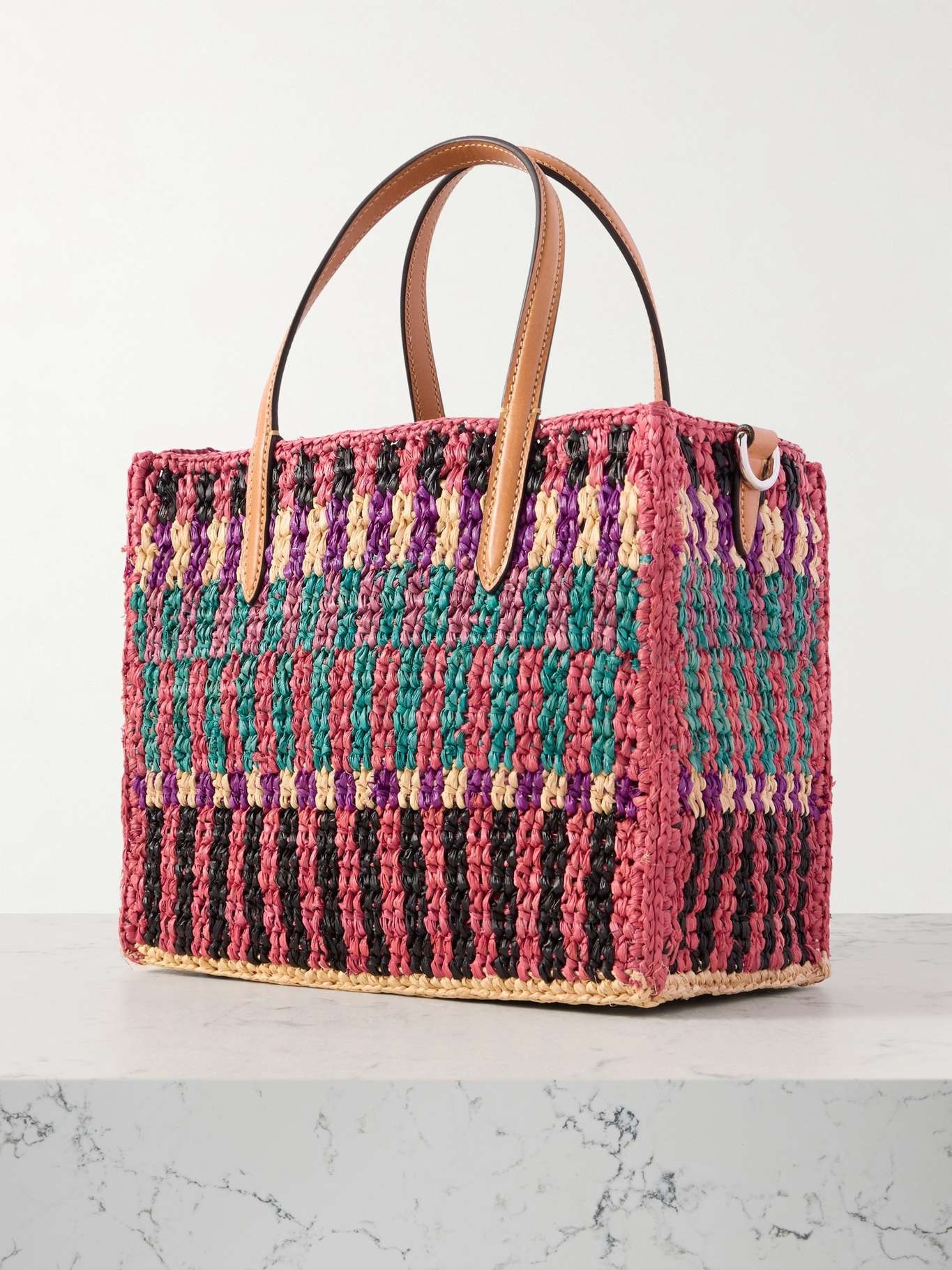 VLogo studded leather-trimmed raffia tote Multi - 3