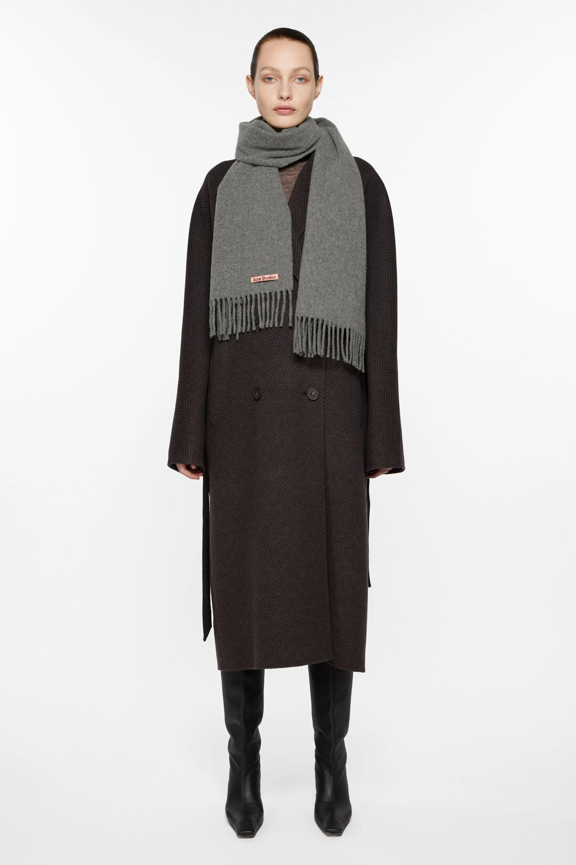 Fringe wool scarf - skinny - Grey Melange - 2