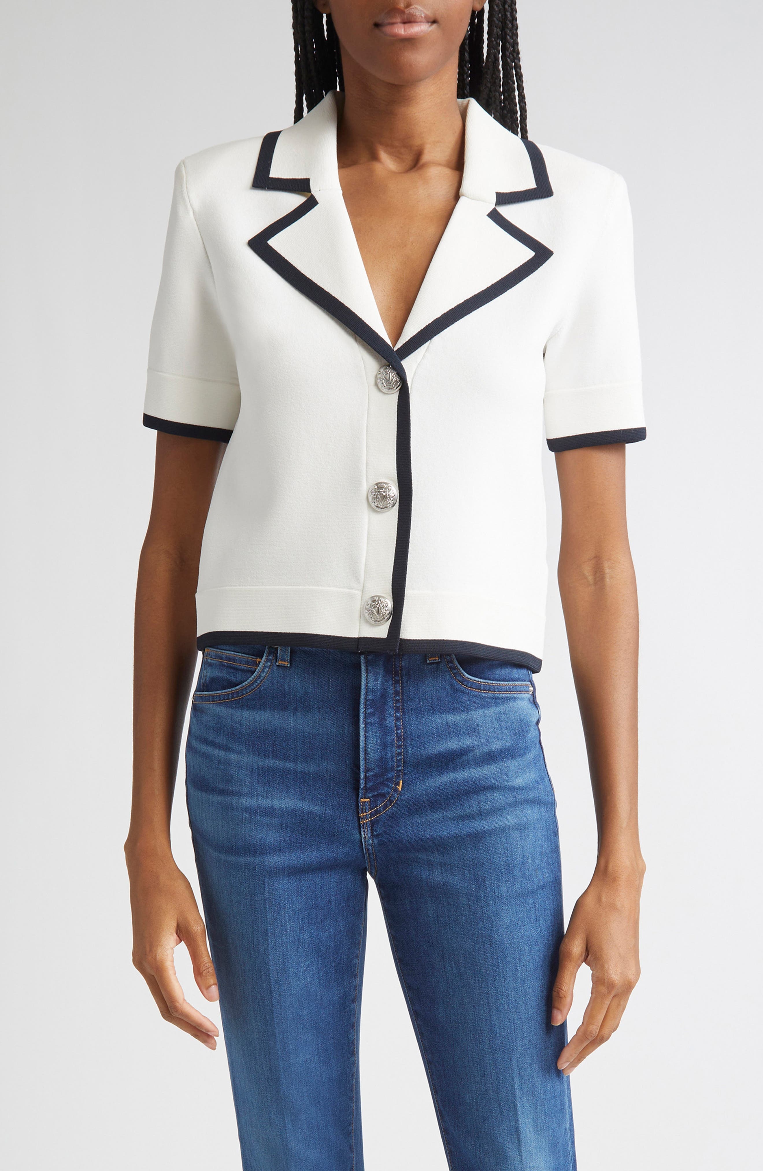 Veronica Beard Stovall Contrast Detail Crop Knit Jacket in Off White at Nordstrom - 1