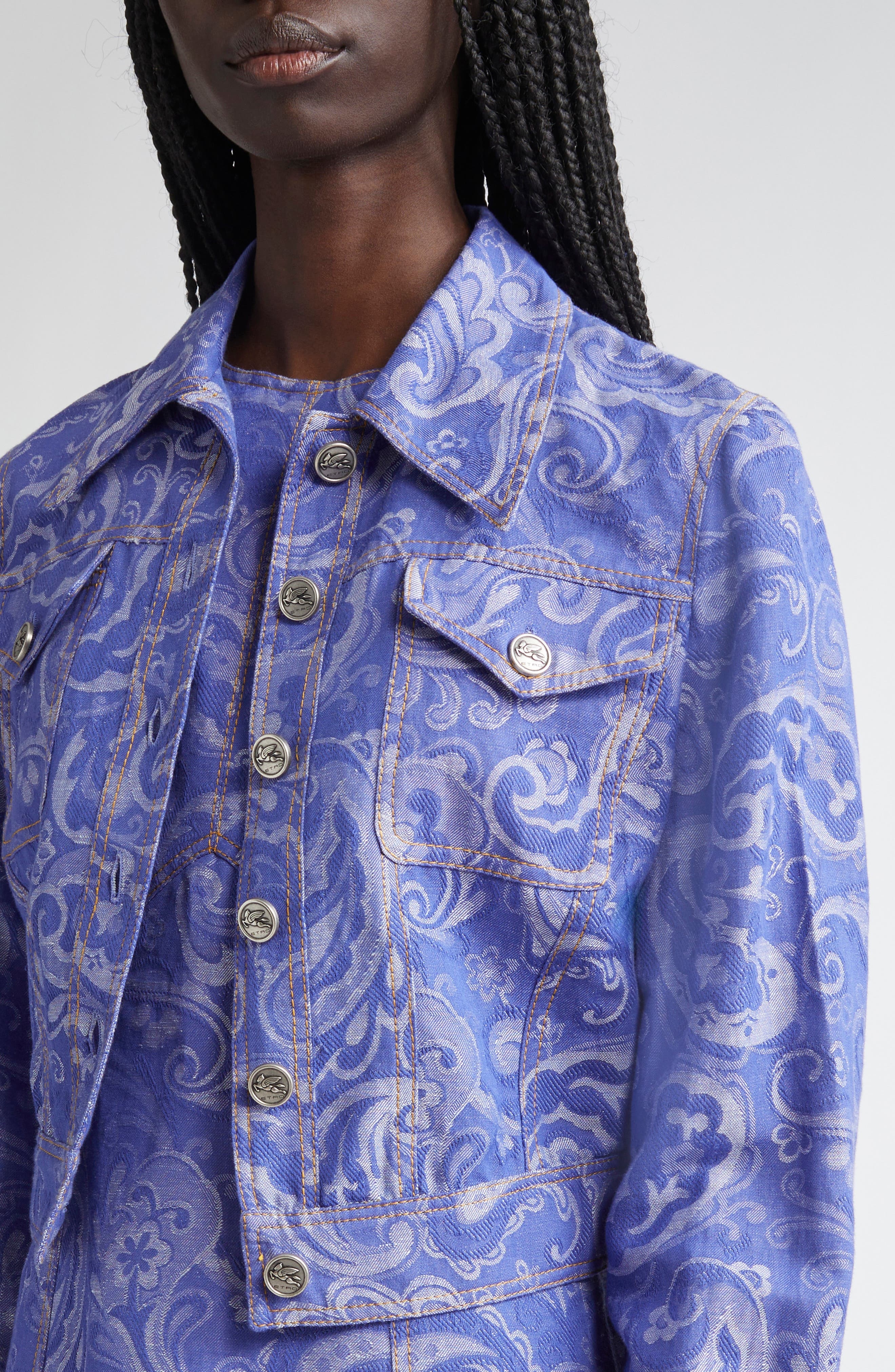 Etro Paisley Denim Trucker Jacket in Multicolour On Pale Blue Base at Nordstrom - 5