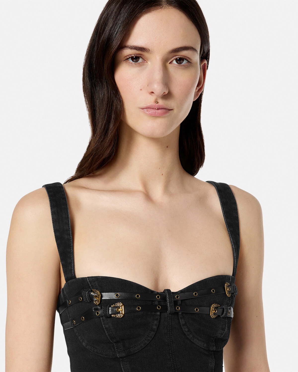 Baroque Buckle Denim Bustier Top - 3