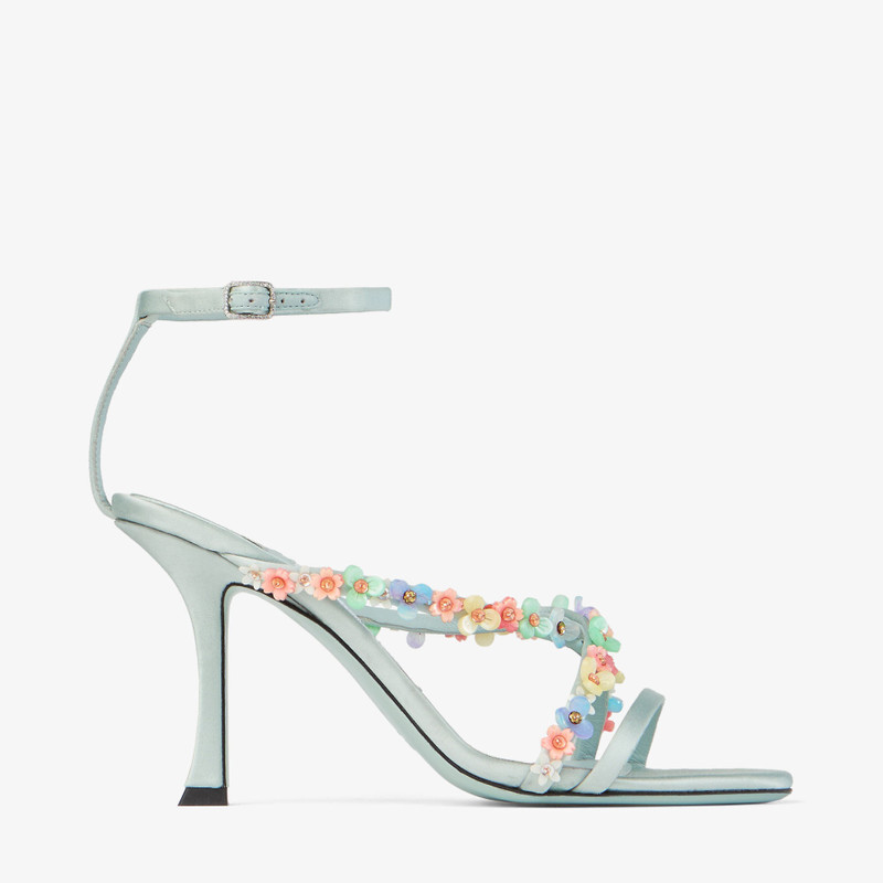 Blanche 90 Light Verde Satin Sandal with Daisy Embroidery 1